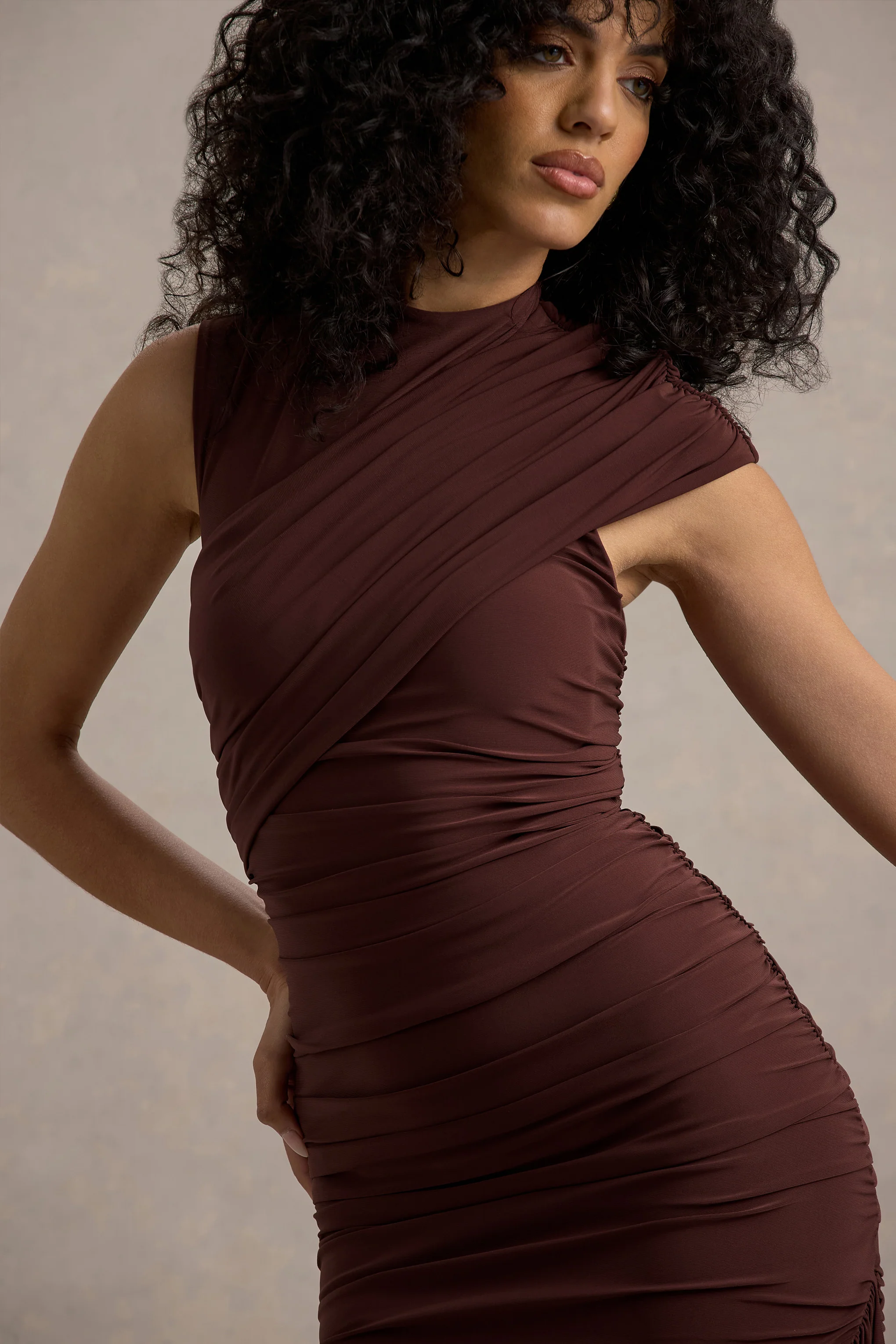 Nocturnal | Brown Ruched Mini Dress With Sash