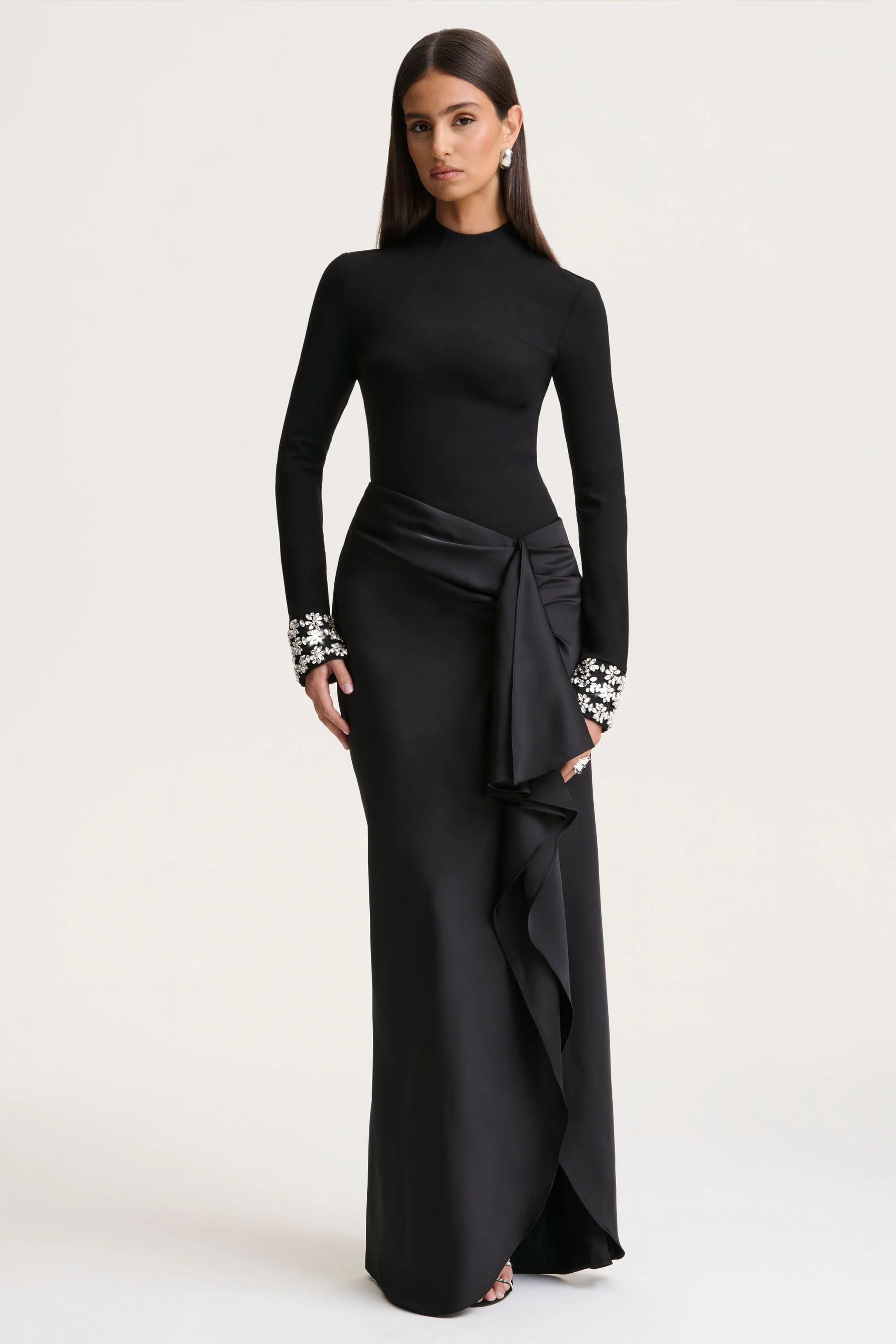 Starred | Black High-Neck Maxi Dress With Satin Wrap-Skirt And Embellished Cuffs