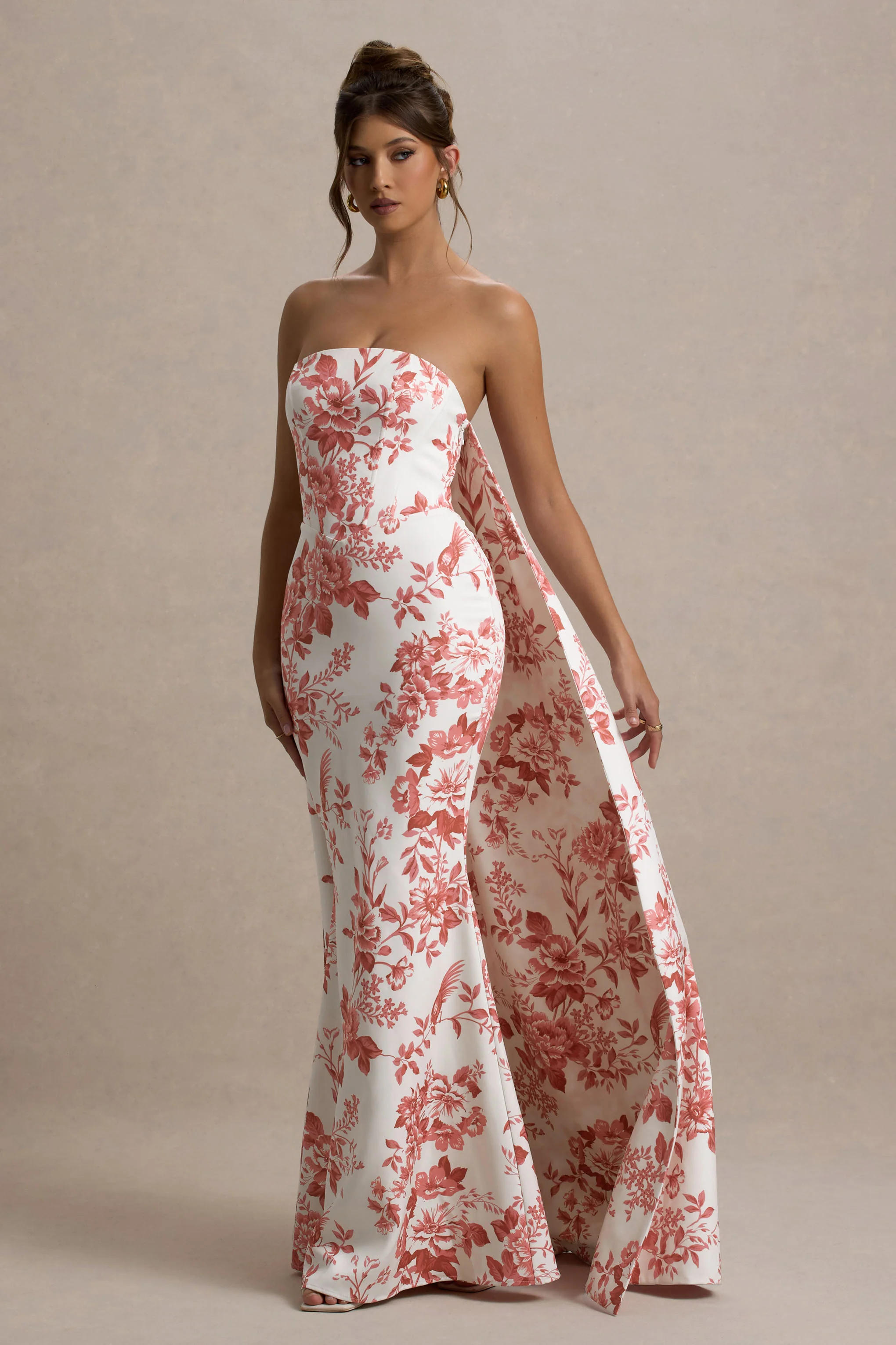 Lywenn | Pink Porcelain Print Bandeau Maxi Dress With Cape