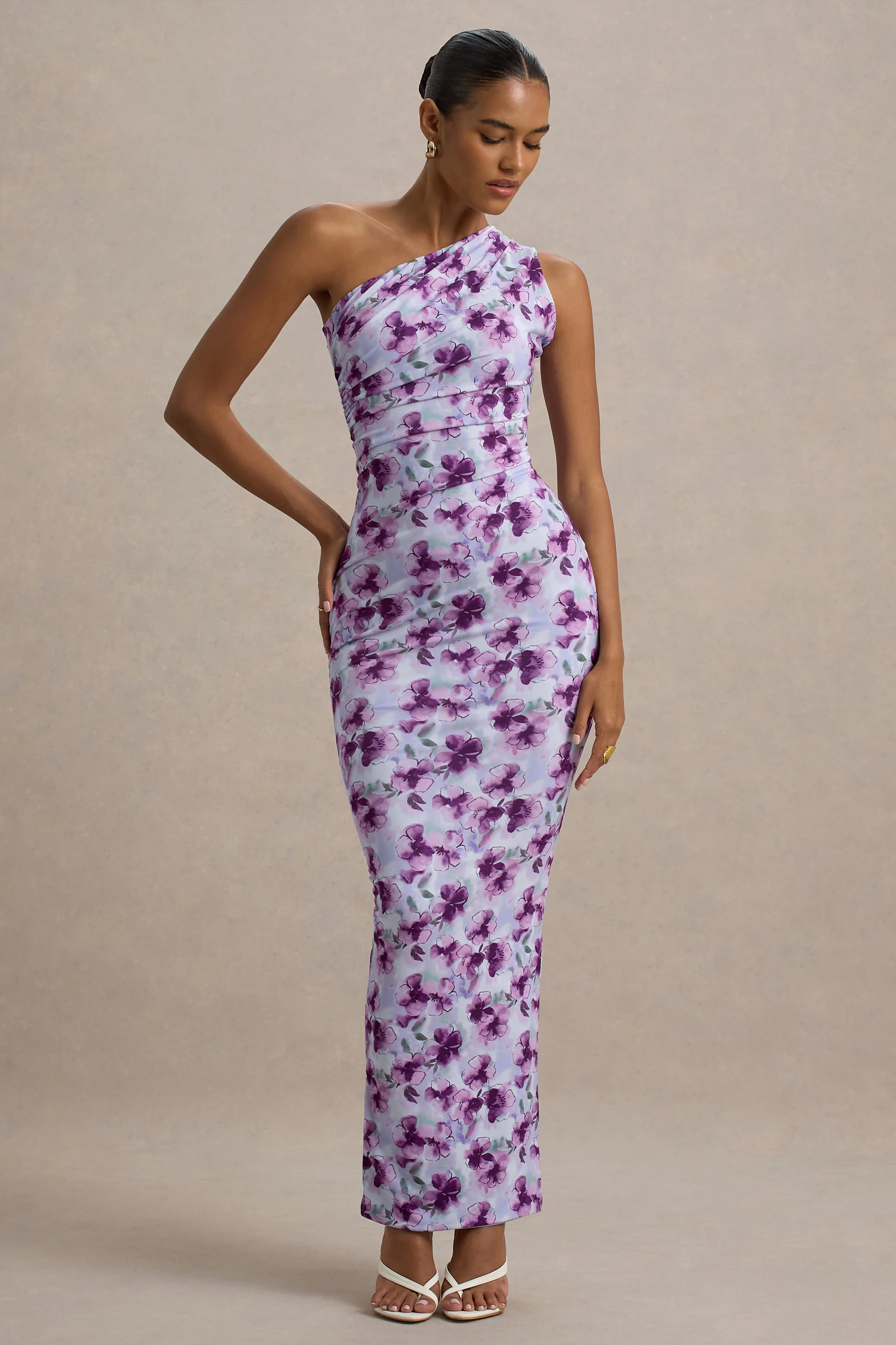 Venetia | Purple Floral Print One-Shoulder Tie-Back Maxi Dress