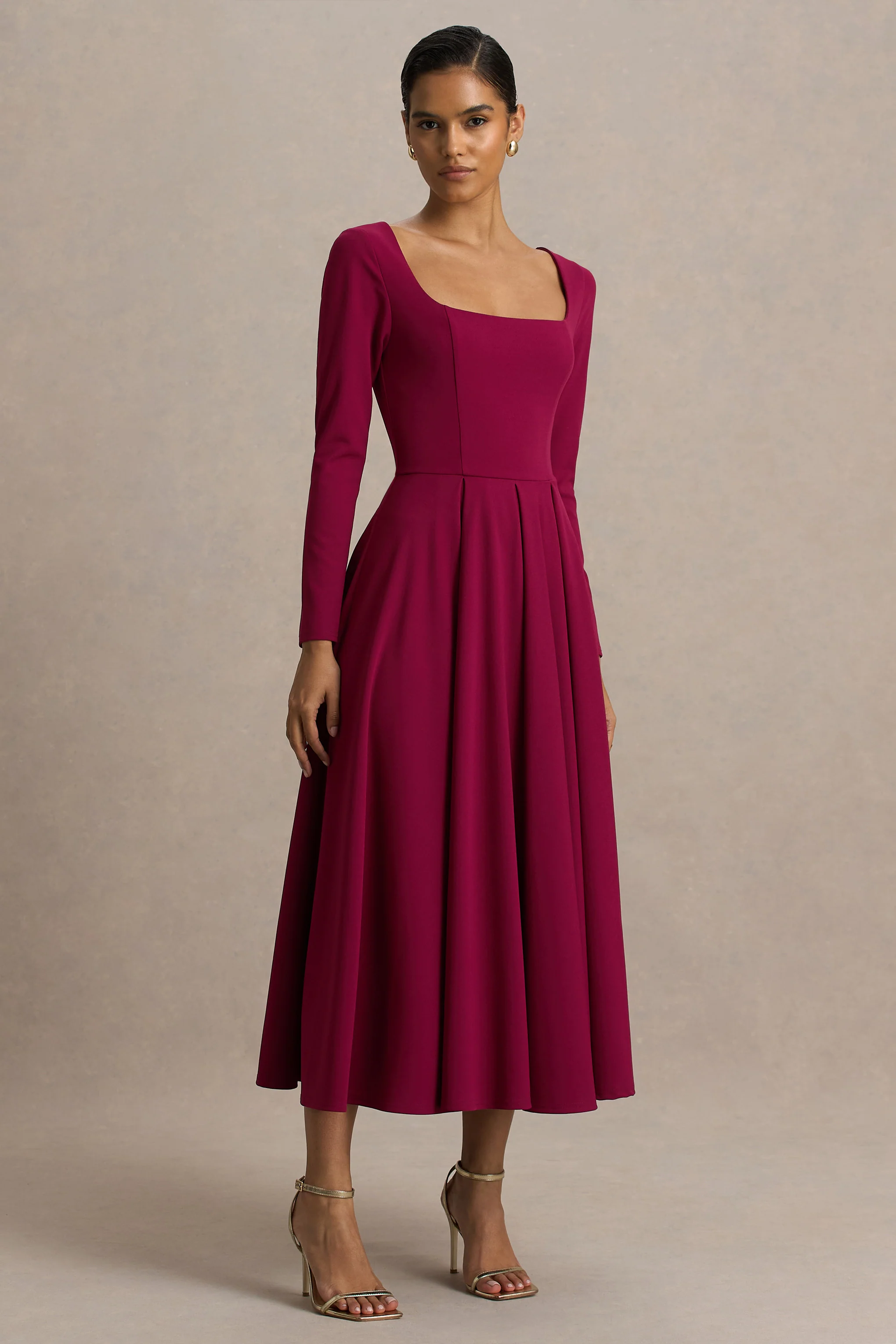 Alison | Burgundy Square-Neck A-Line Midi Dress