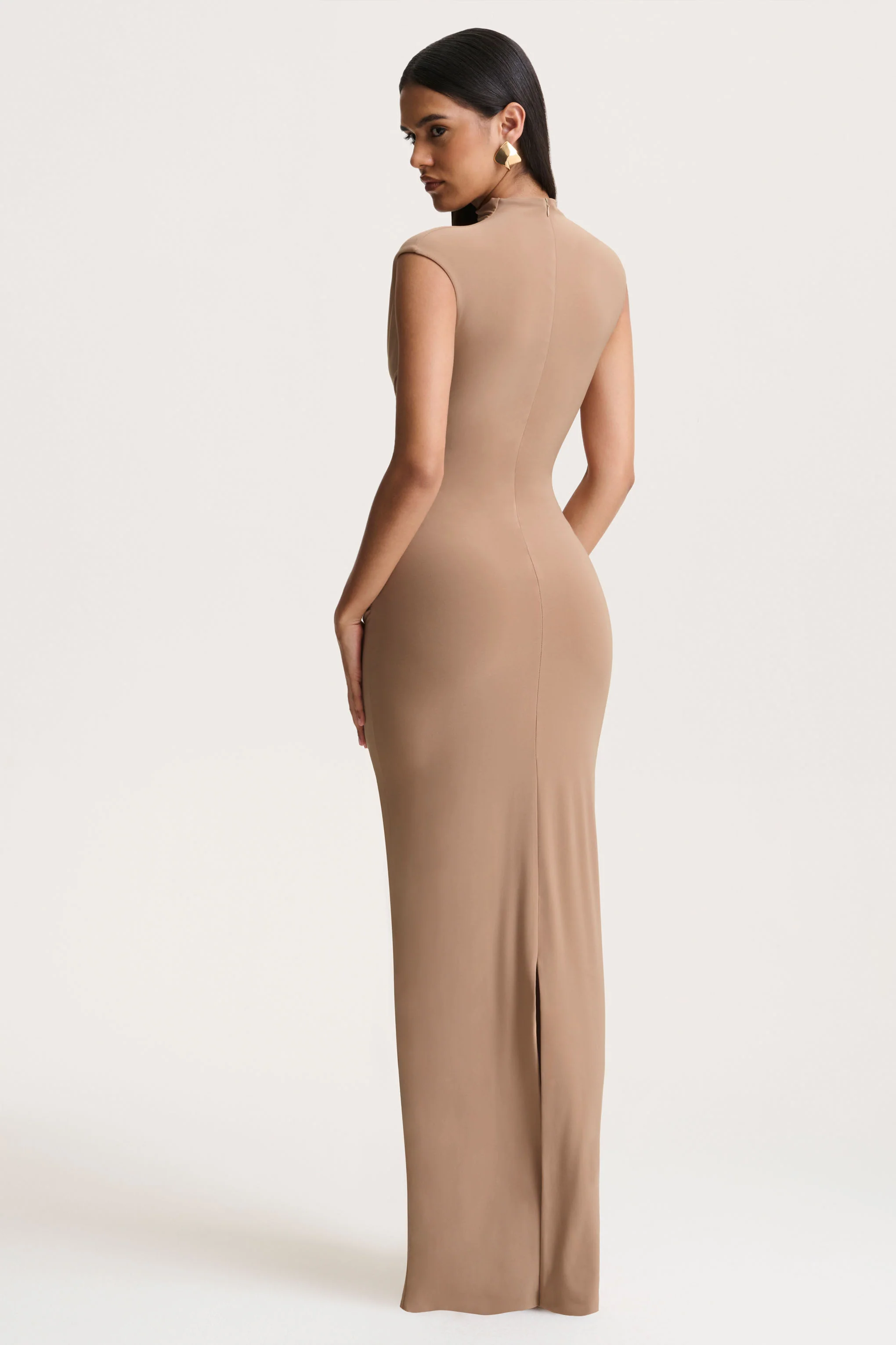 Solene | Brown High-Neck Maxi Dress With Wrap And Drape Detail