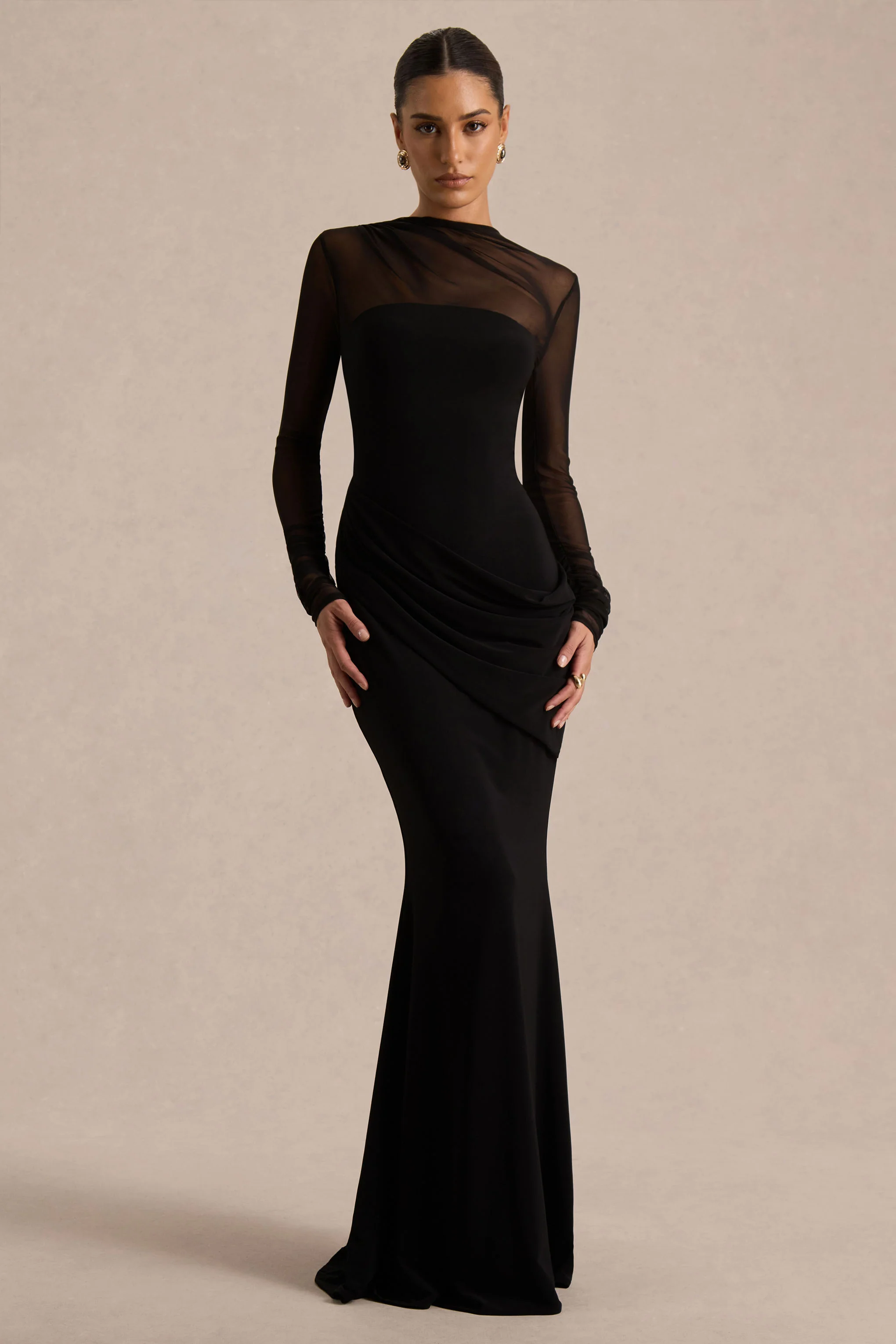 Deema | Black Jersey And Mesh High Neck Maxi Dress