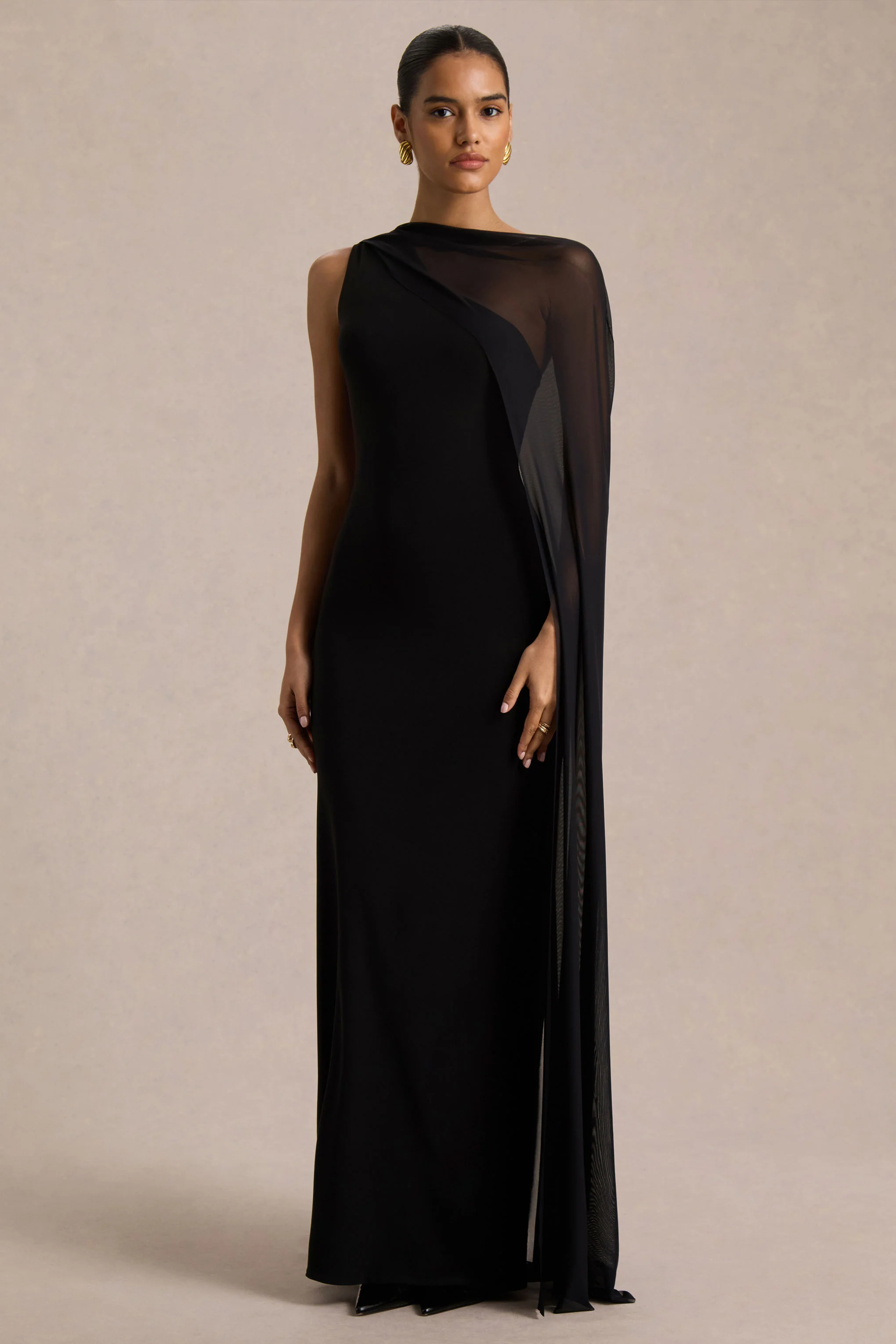 Mirelle | Black Asymmetric-Neck Maxi Dress With Sheer Cape-Sleeve