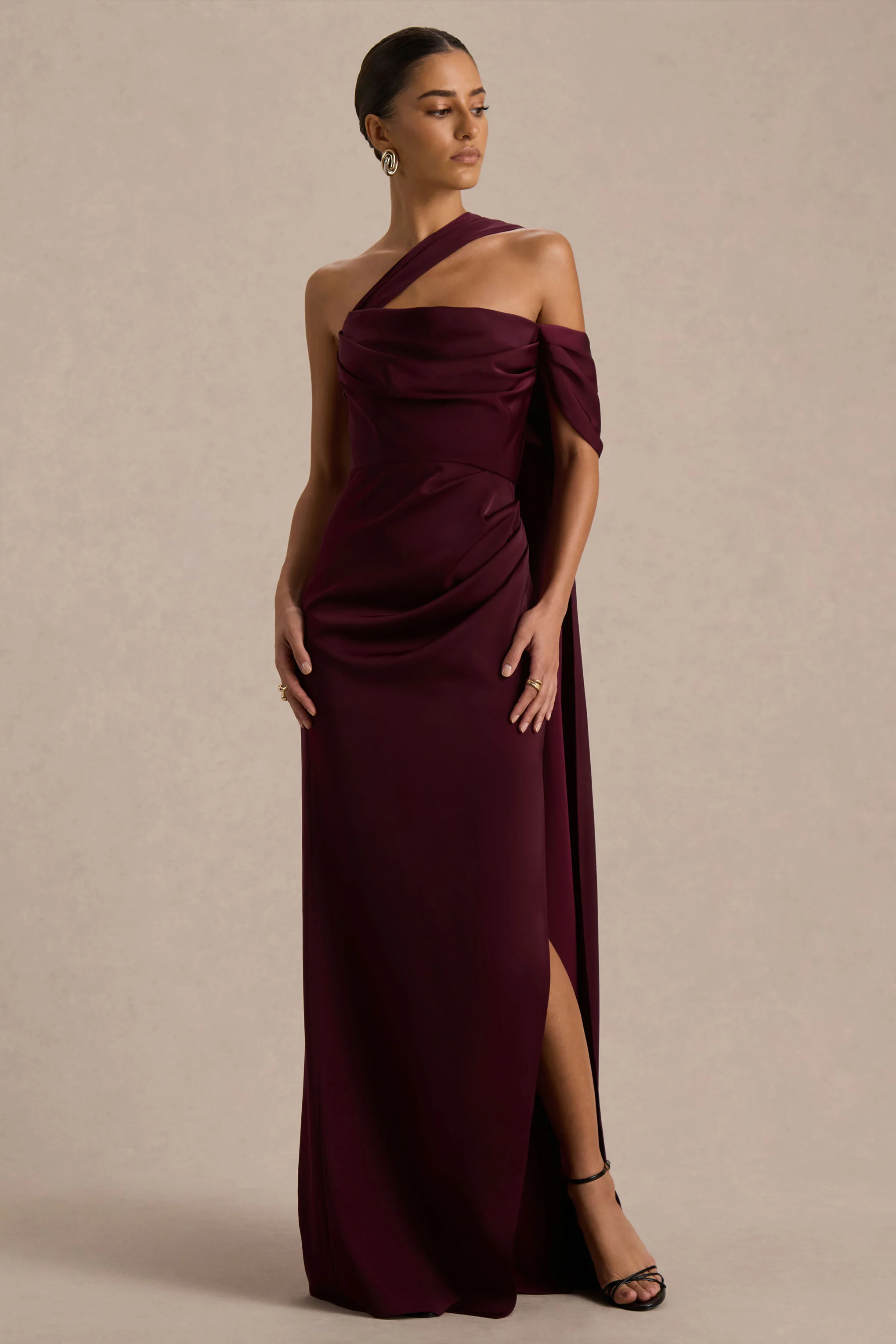 Yazmin | Burgundy Satin Asymmetric Maxi Dress With One-Sleeve Cape