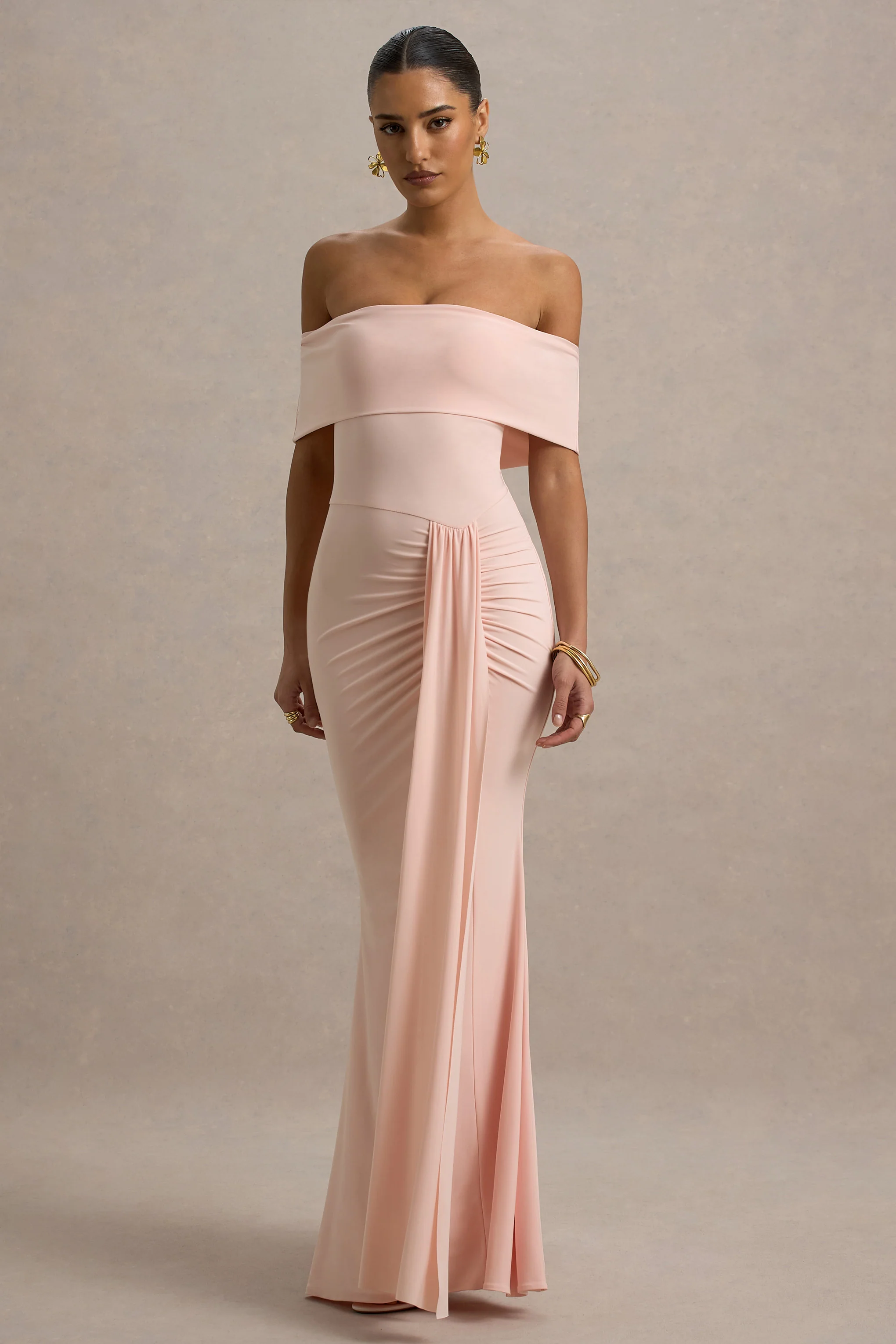 Delma | Pink Bardot Maxi Dress With Drape Detail