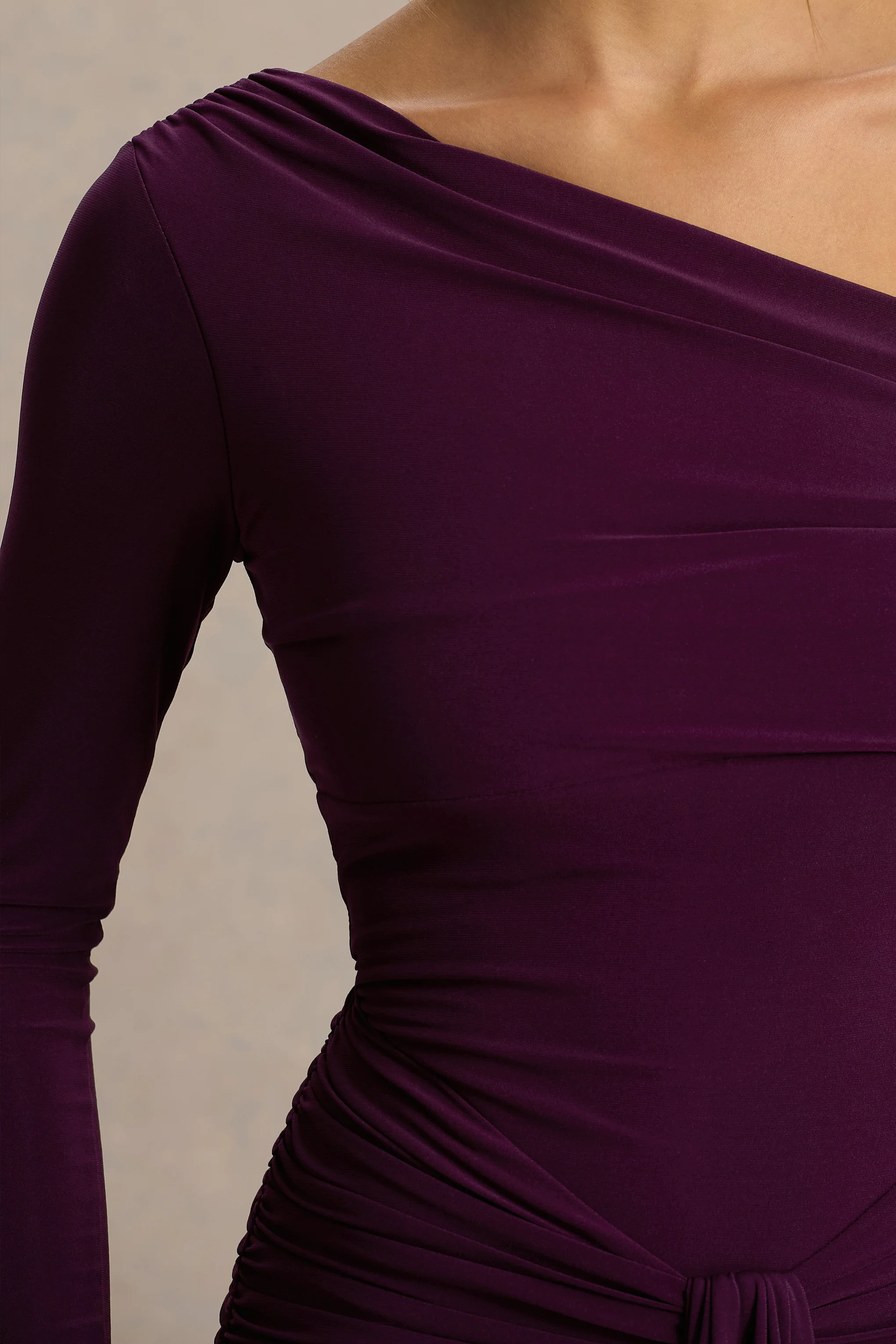 Clover | Burgundy Asymmetric-Neck Wrapped Maxi Dress With Sash