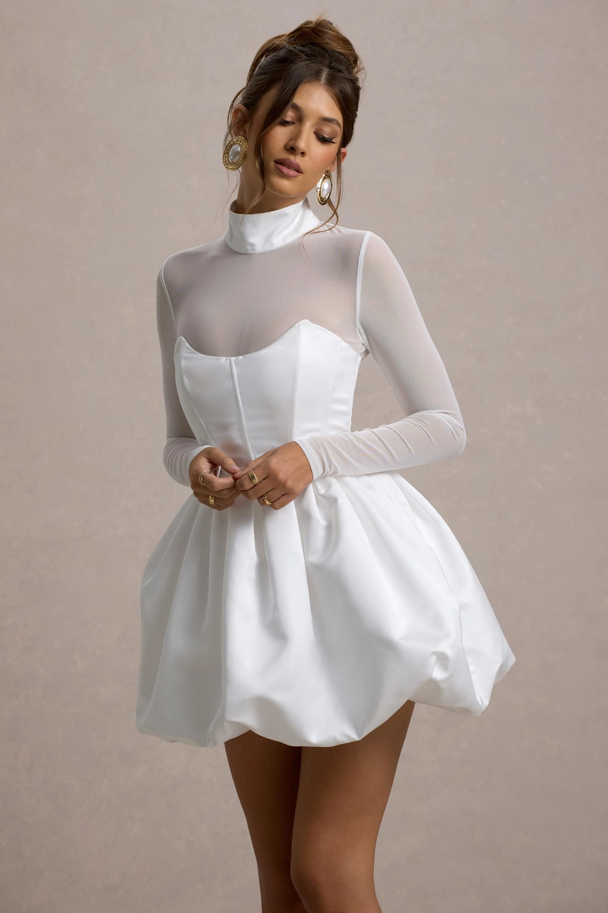 Tinkerbell | White Satin Long-Sleeve Puffball Mini Dress