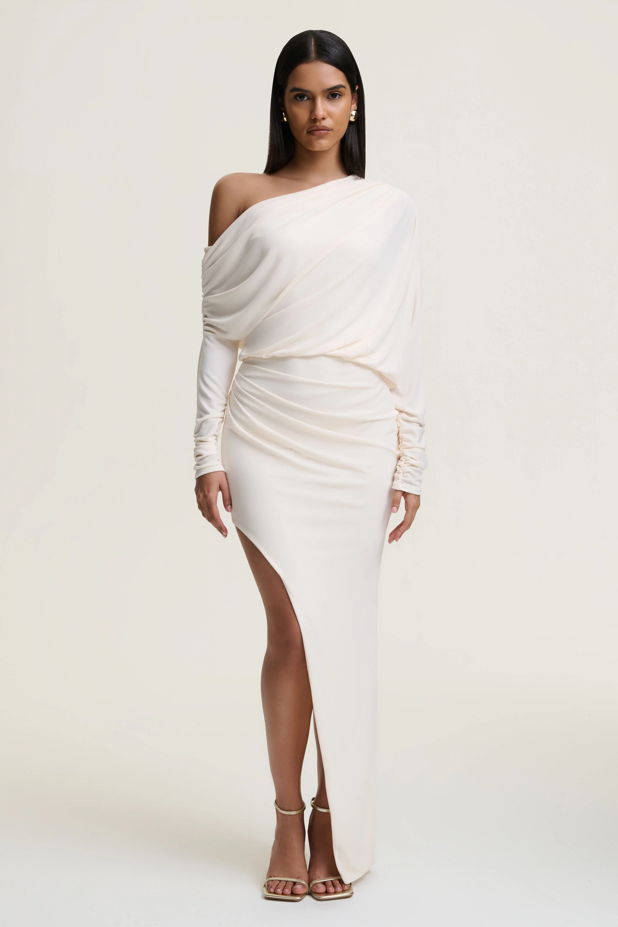 Olivia | Cream Asymmetric-Neck Maxi Dress With Ruched Detailing Asymmetric-Hem