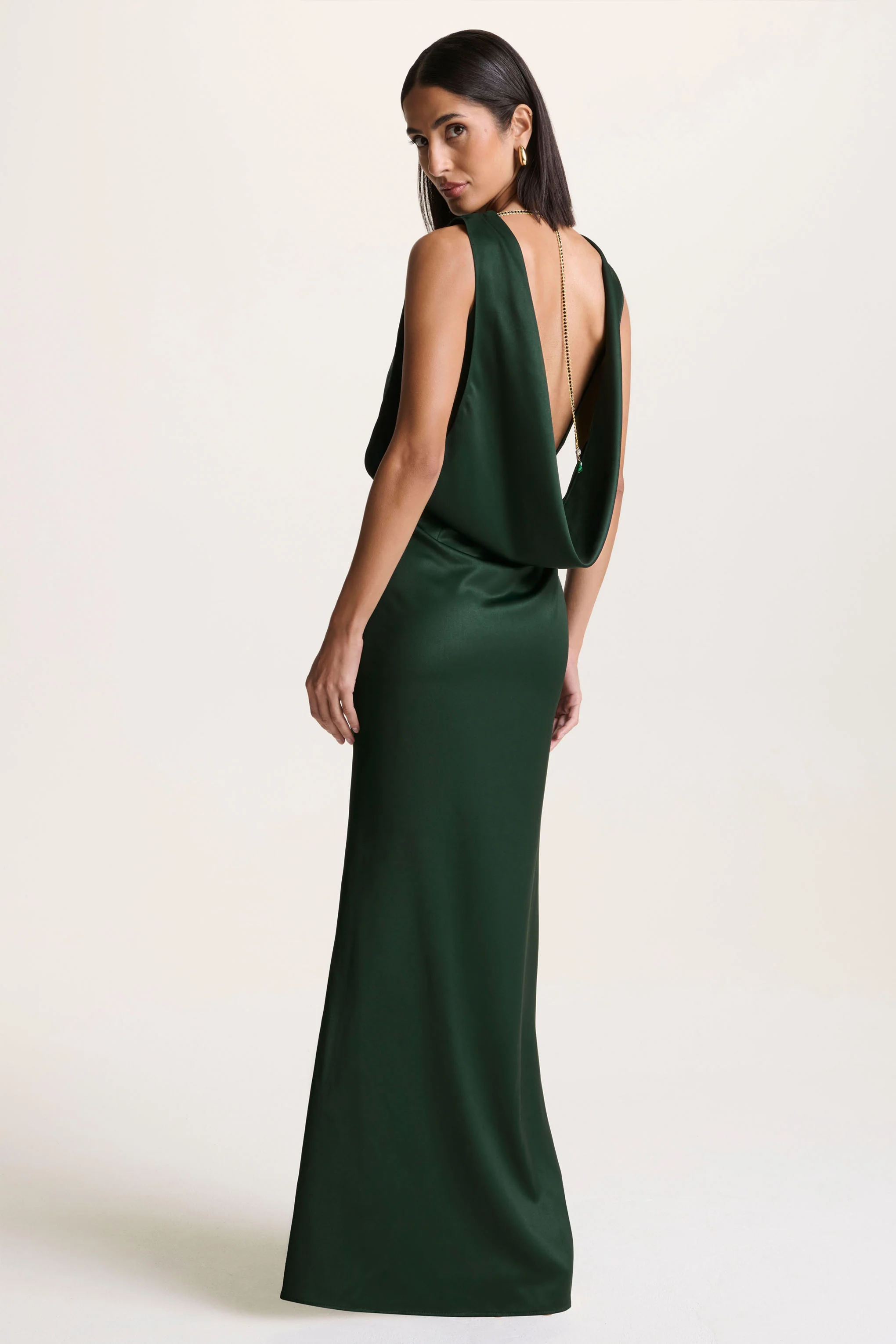 Stacey | Dark Green Slashed-Neck Maxi Dress With Open-Back And Embellished Detail