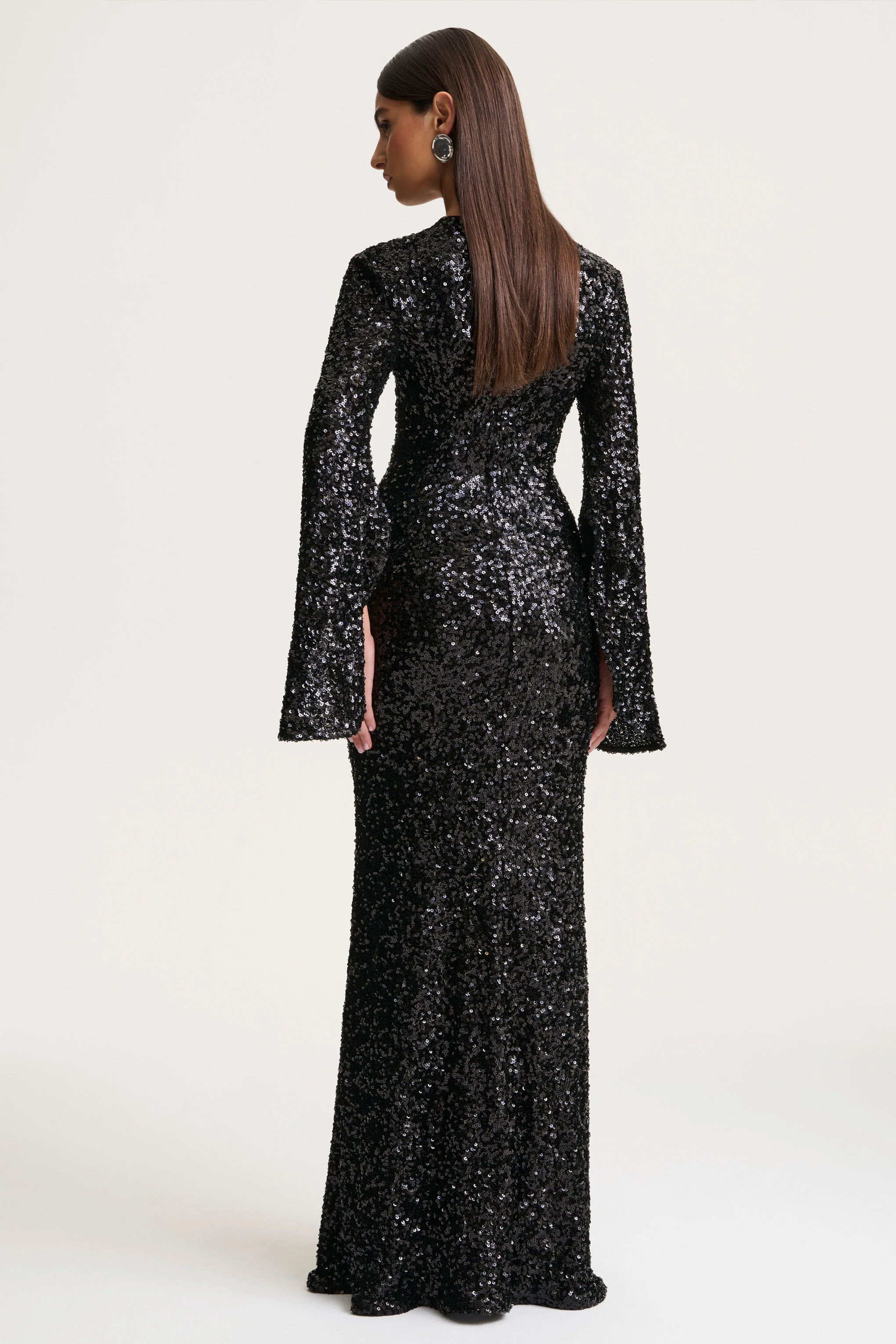 Romea | Black Sequin High-Neck Maxi Dress With Cape Sleeves