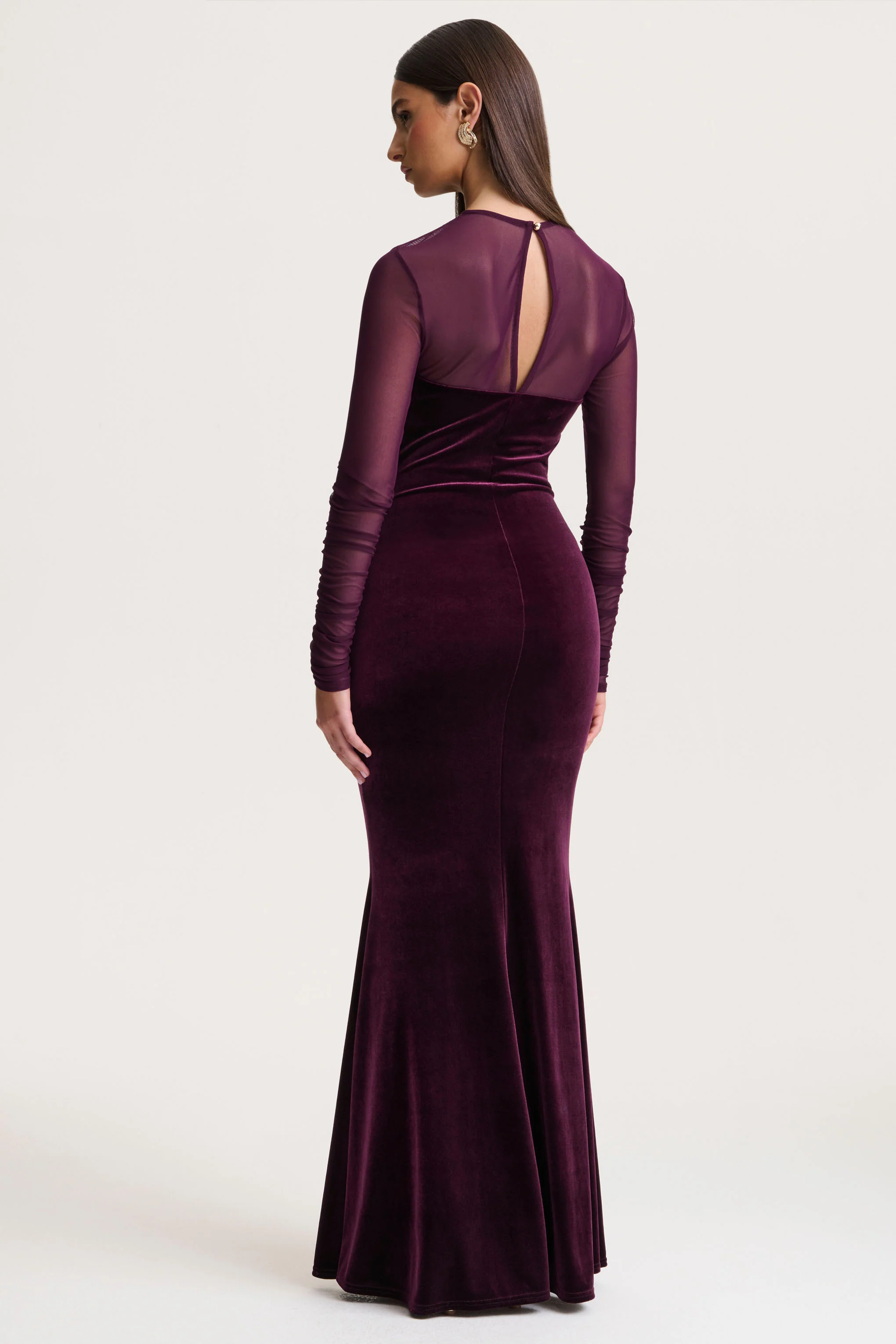 Cambria | Plum Velvet High-Neck Maxi Dress With Draped-Detailing