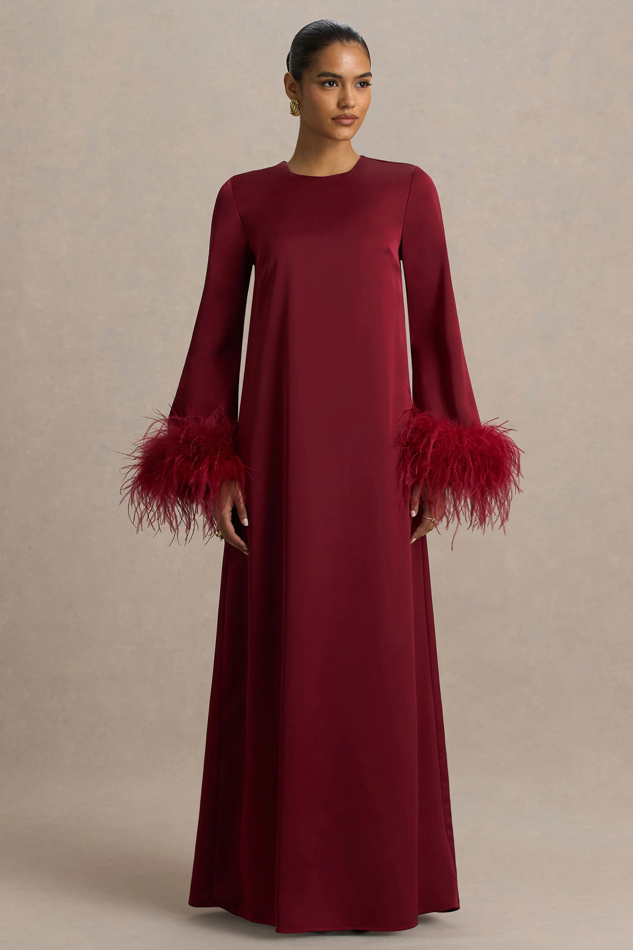 Adella | Burgundy Satin Feather-Trim Maxi Dress