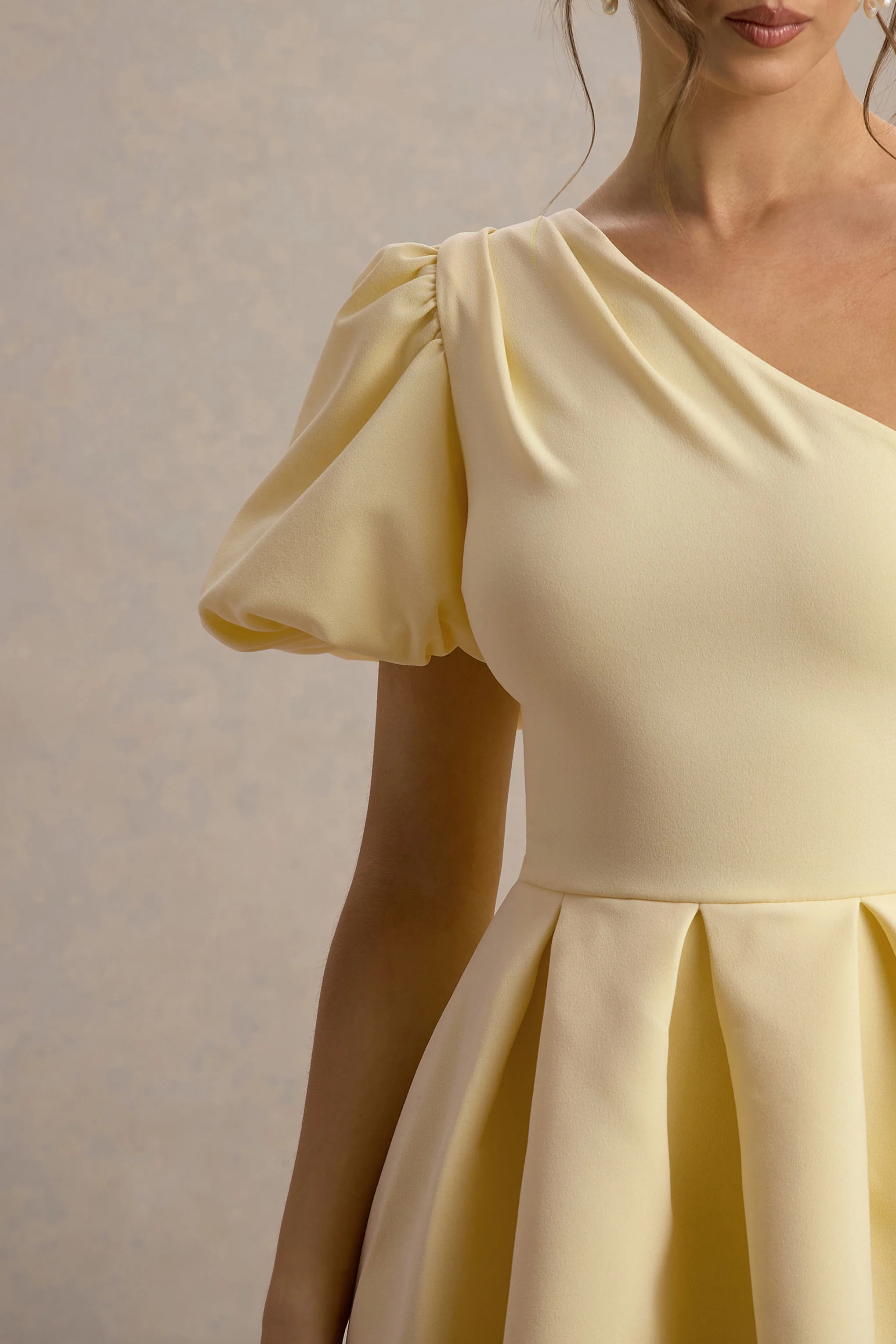 Rochelle | Pale Lemon Asymmetric Puff-Sleeve Midi Dress