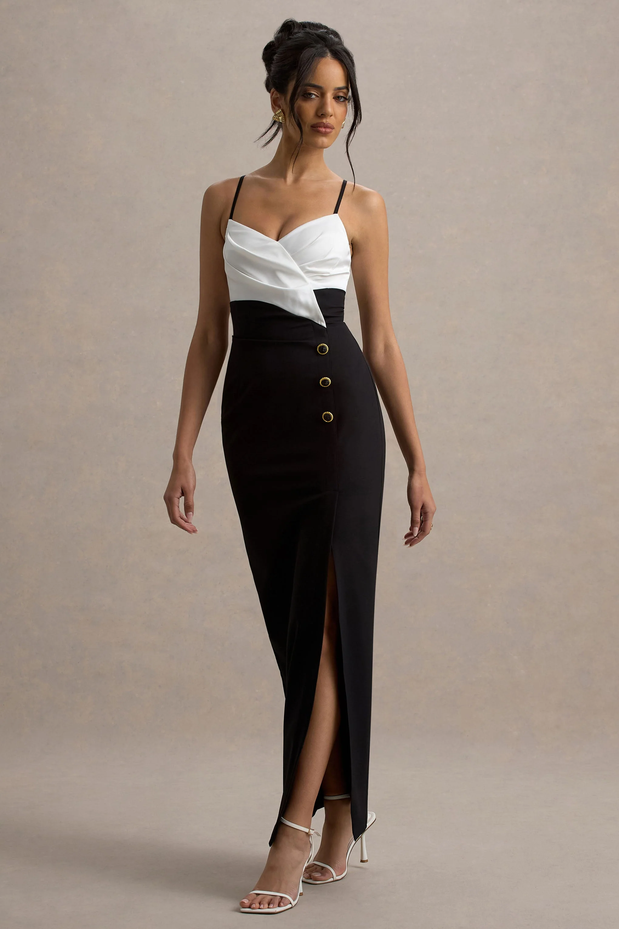 Rosalind | Black & White Strappy Tailored Maxi Dress With Split