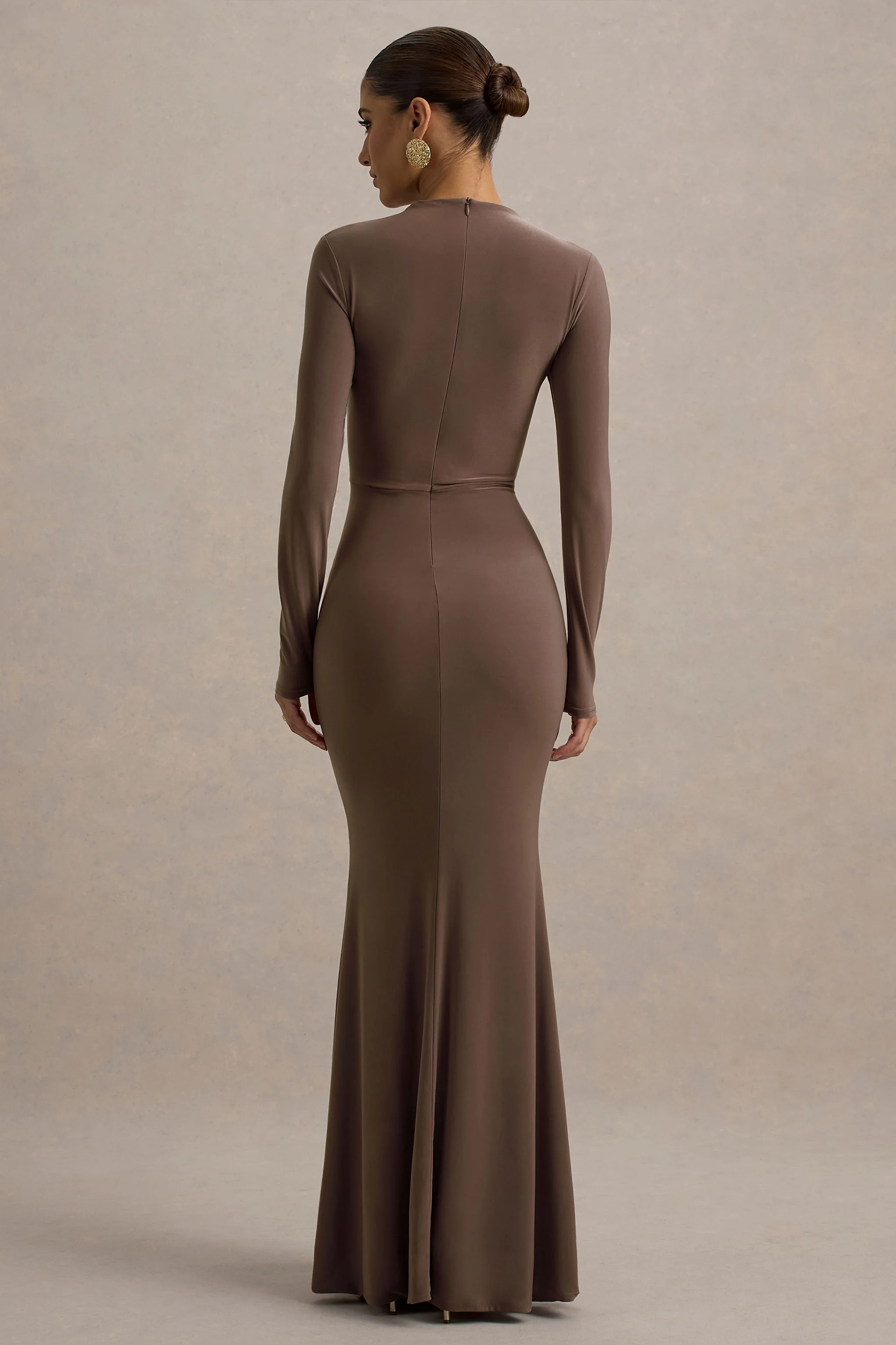 Reid | Brown Long-Sleeve Gathered Maxi Dress