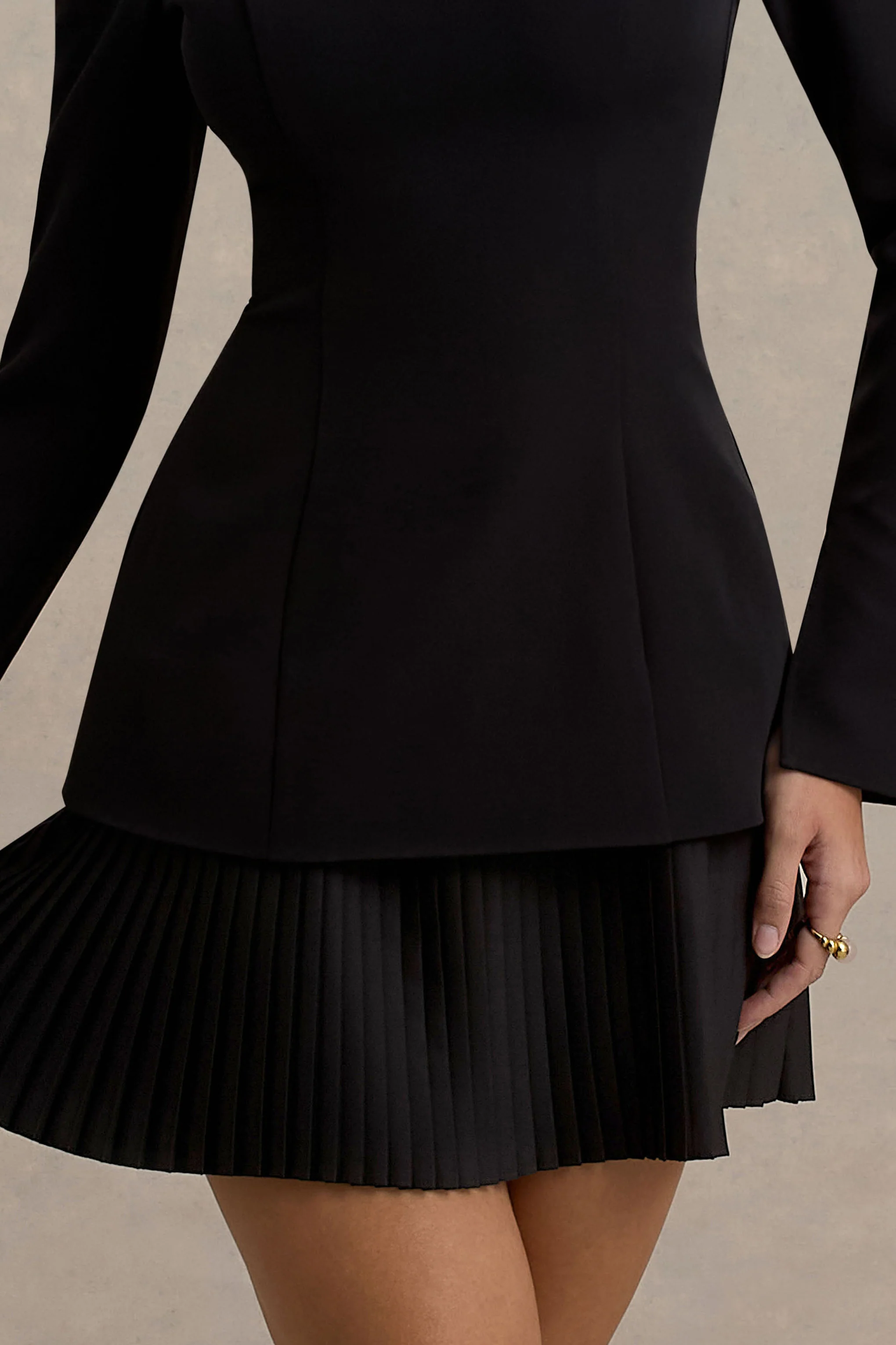 Athena | Black Long-Sleeve Mini Dress With Pleated Hem