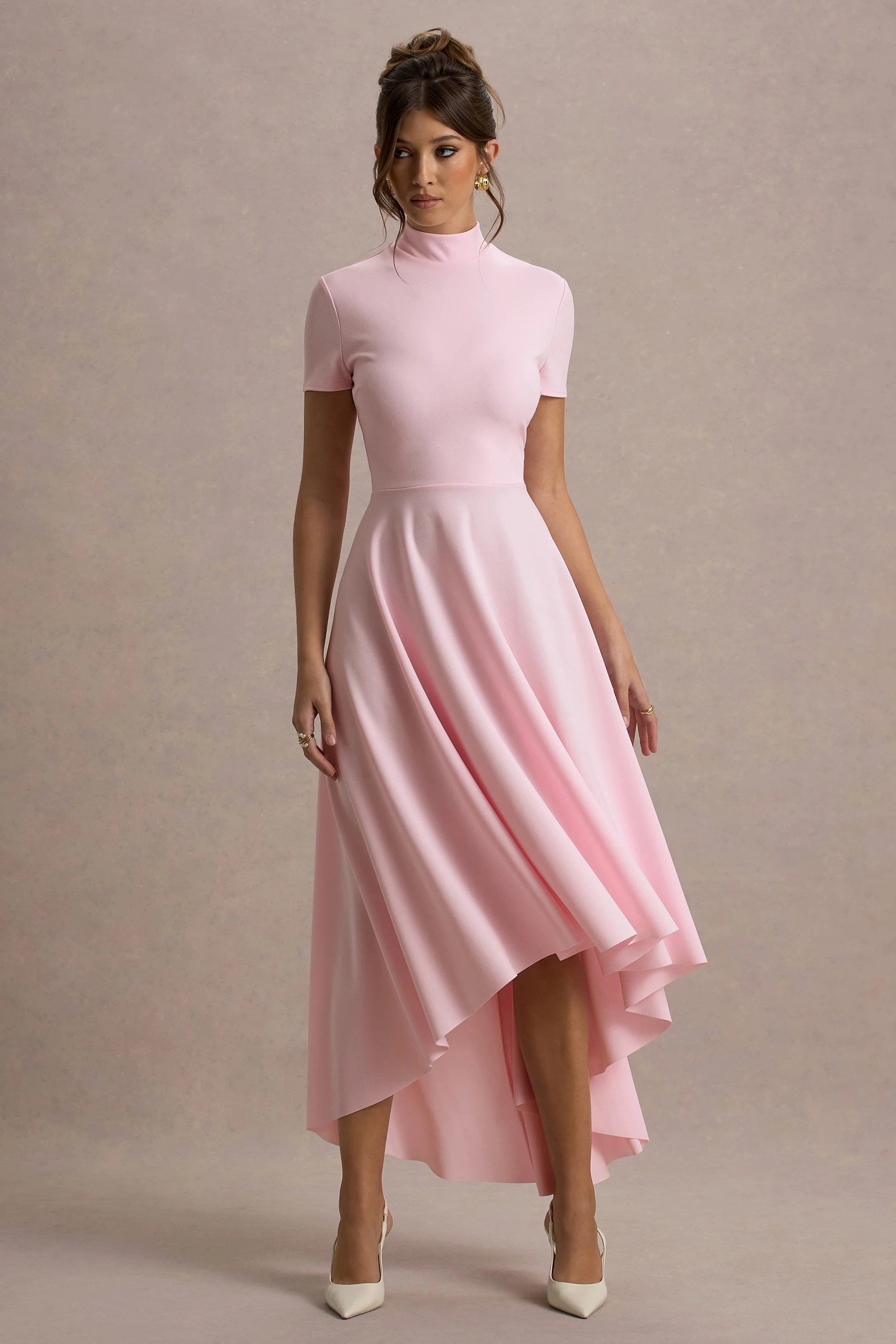 Bellona | Pink High-Neck High-Low Midi Dress