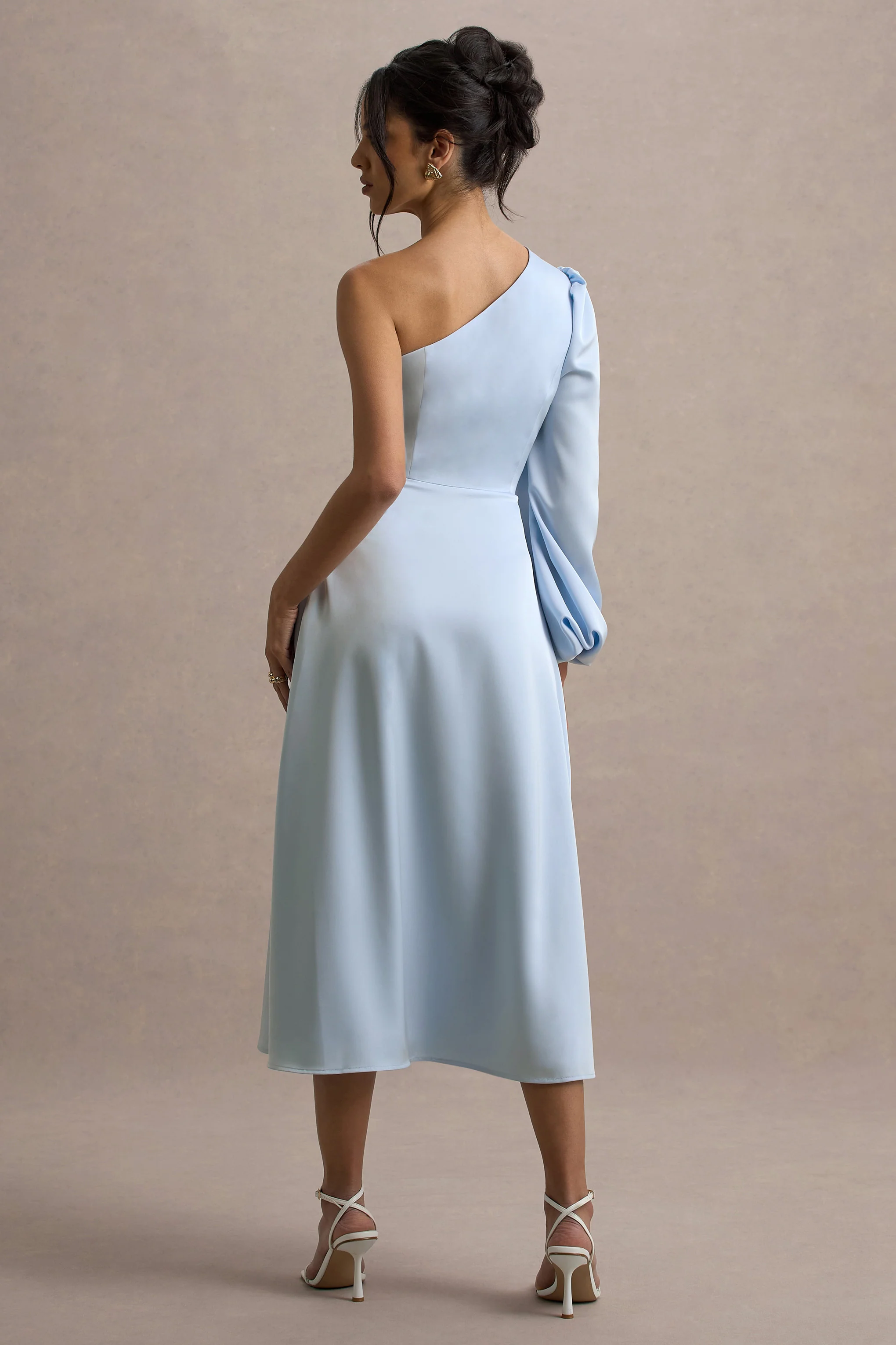 Haila | Powder Blue Satin One-Shoulder Midi Dress
