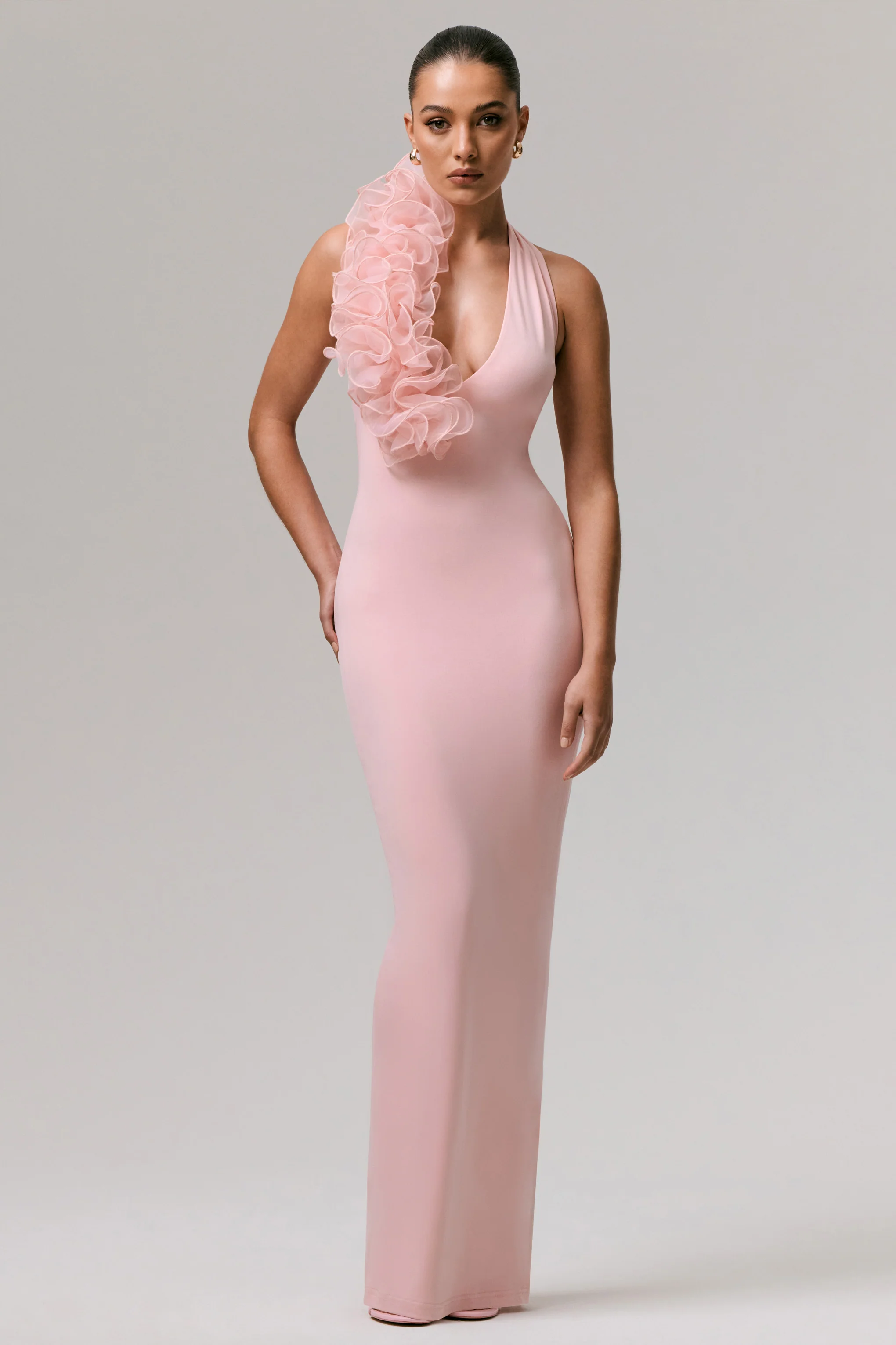 Harriet | Pink Plunge-Neck Maxi Dress With Floral Detail