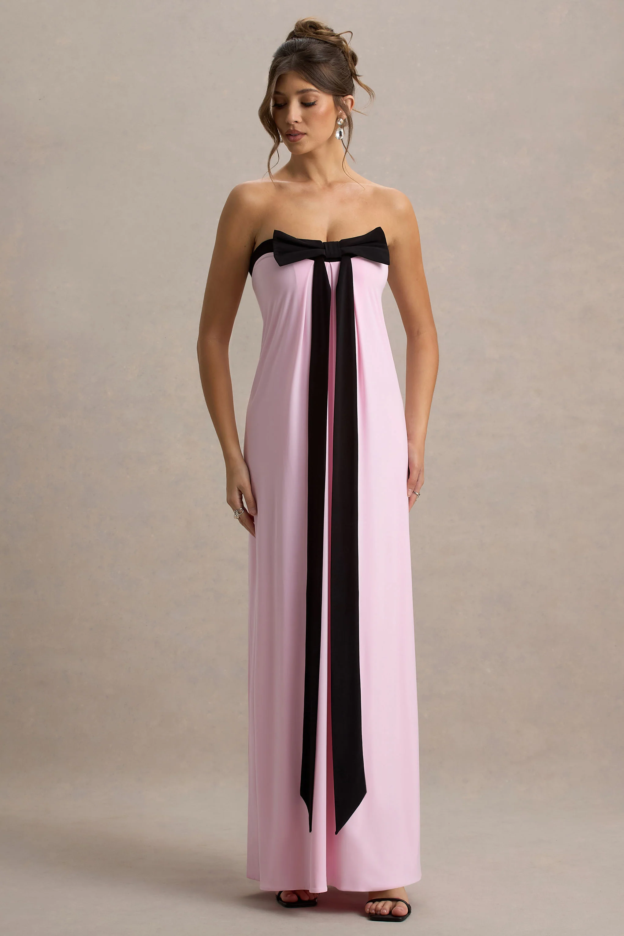 Mckenna | Pink Strapless Maxi Dress With Black Bow