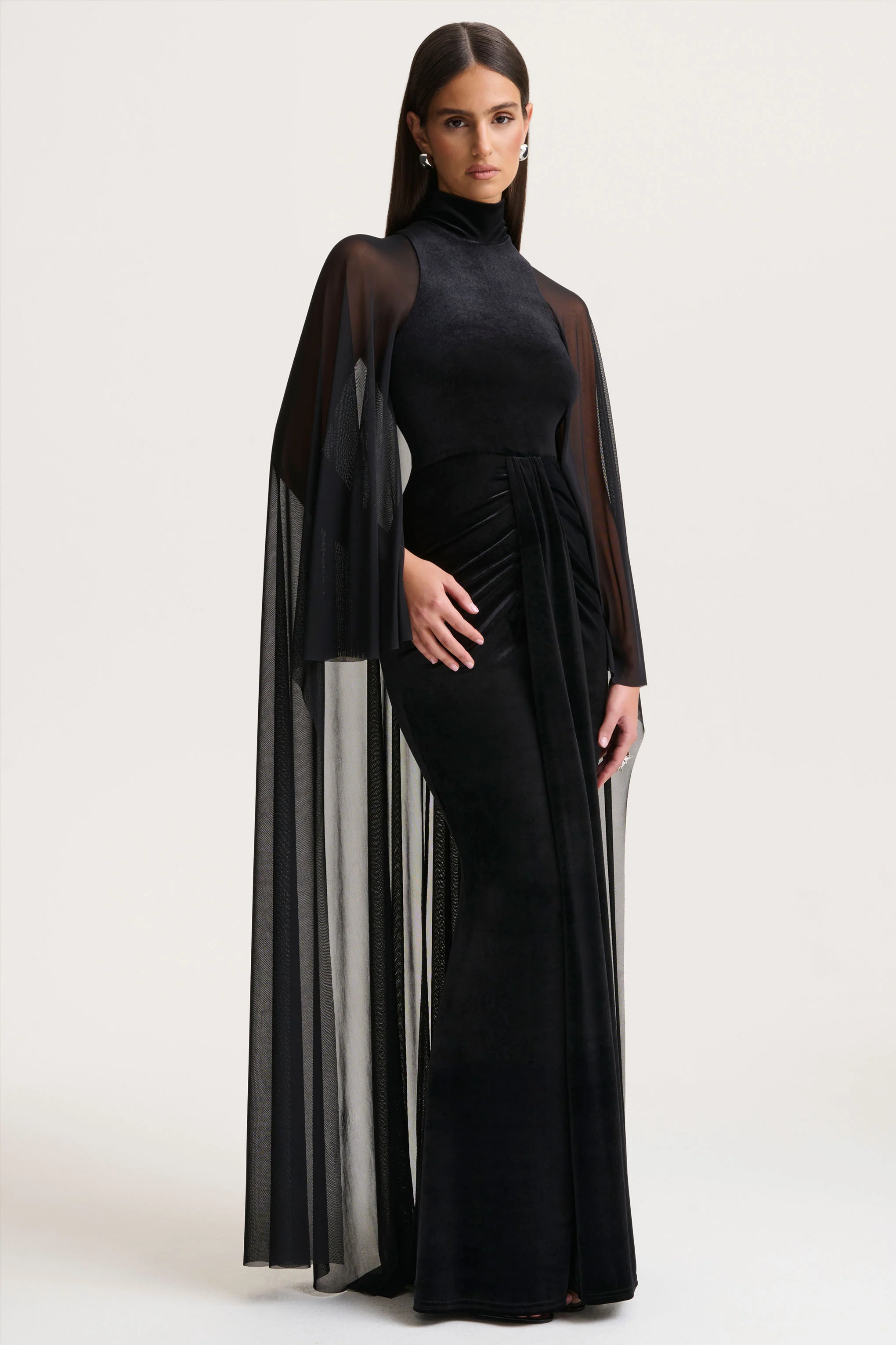 Adoring | Black Velvet High-Neck Maxi Dress With Cape