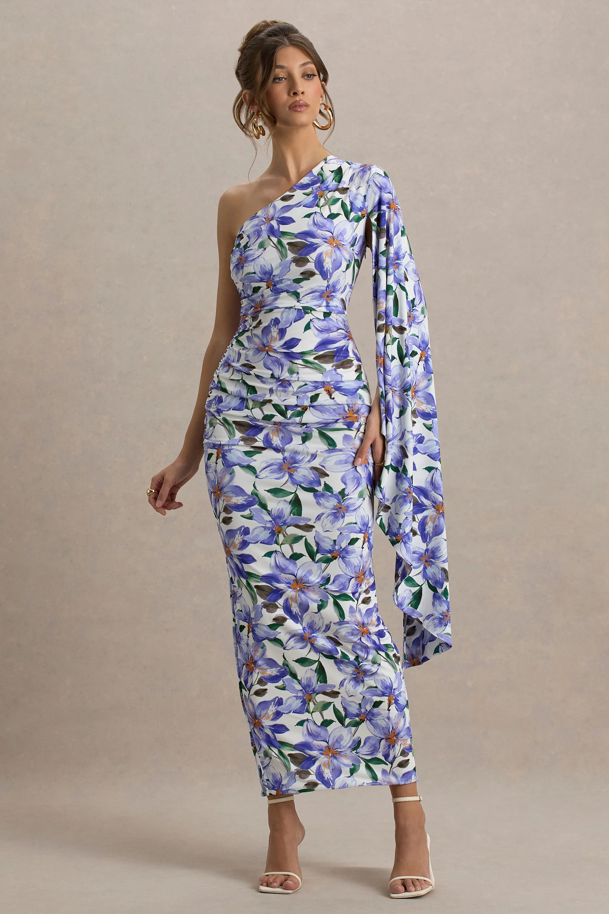 Clementina | Purple Lily Print Asymmetric Cape Sleeve Maxi Dress
