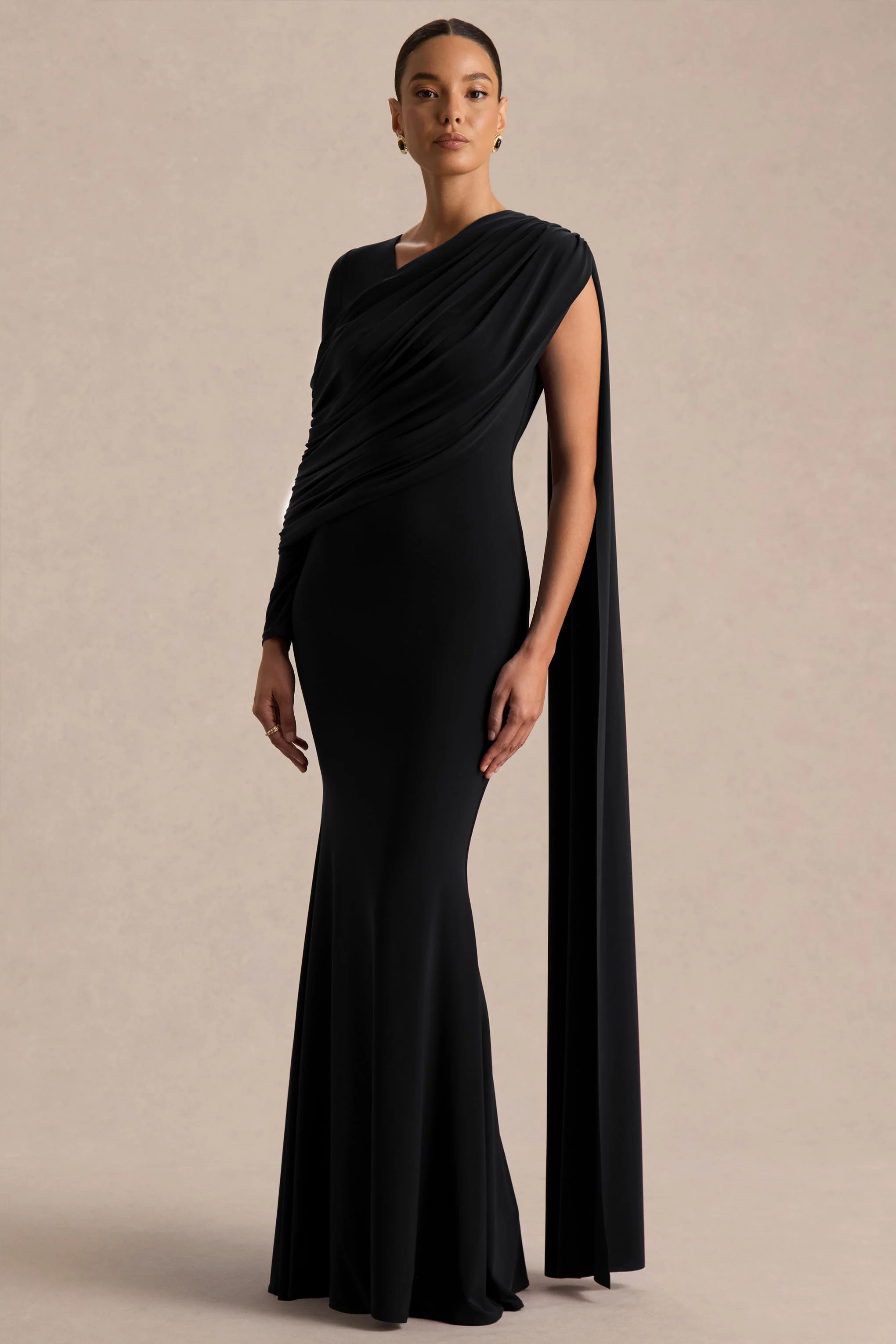 Rubelle | Black Asymmetric-Neck Maxi Dress With Draped-Detailing