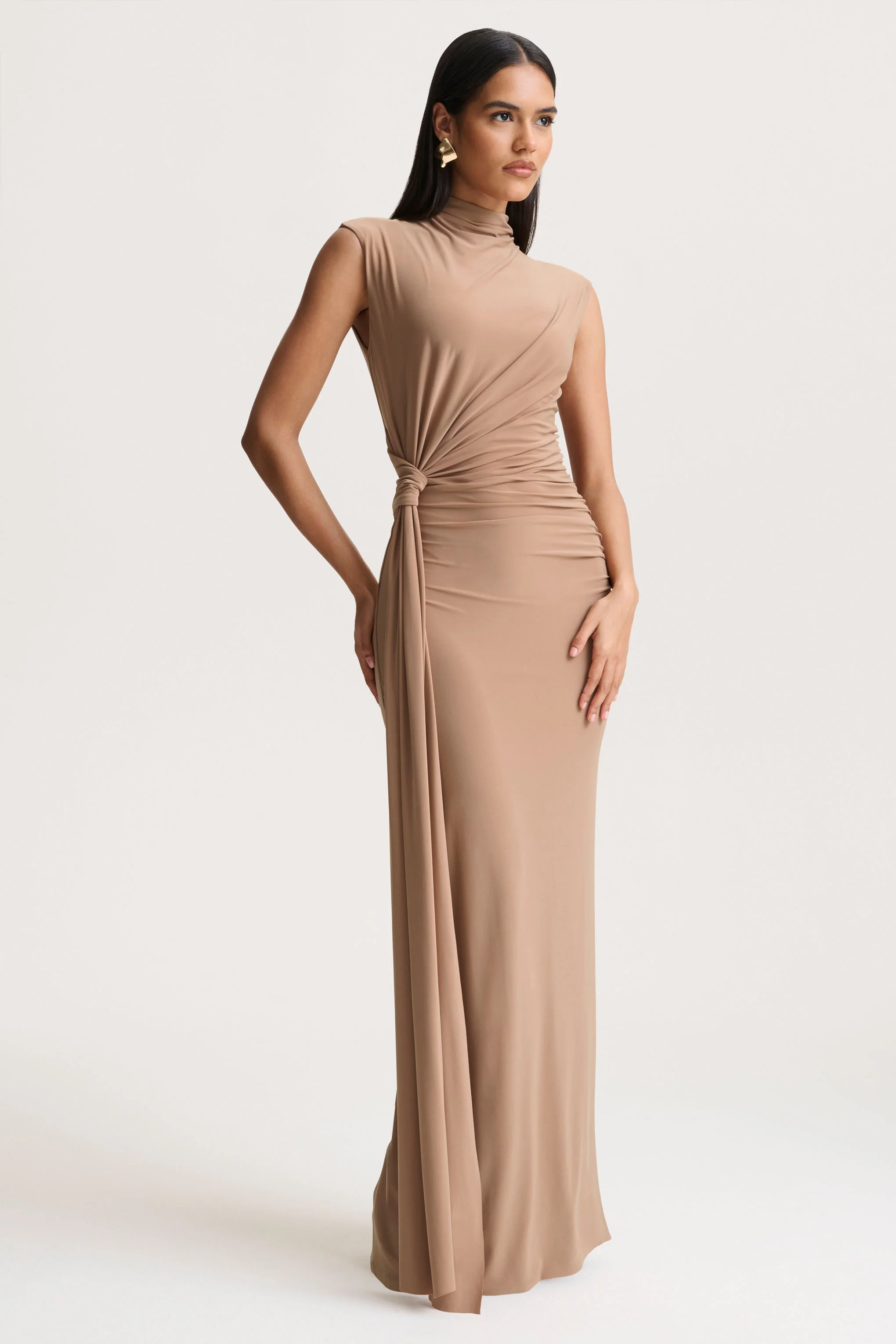 Solene | Brown High-Neck Maxi Dress With Wrap And Drape Detail