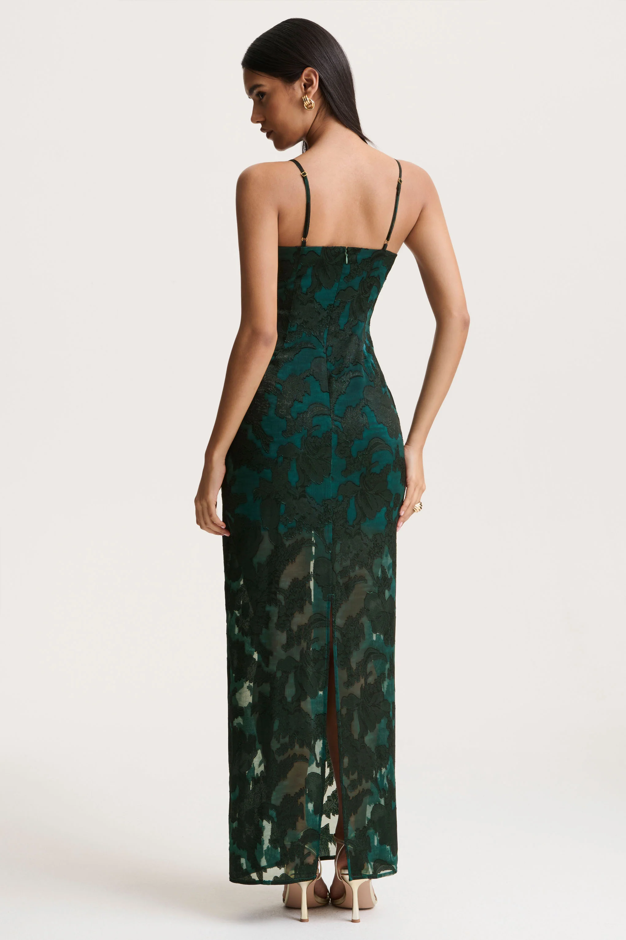 Hada | Dark Green Satin Devore Square-Neck Maxi Dress With Removable Twisted-Cape