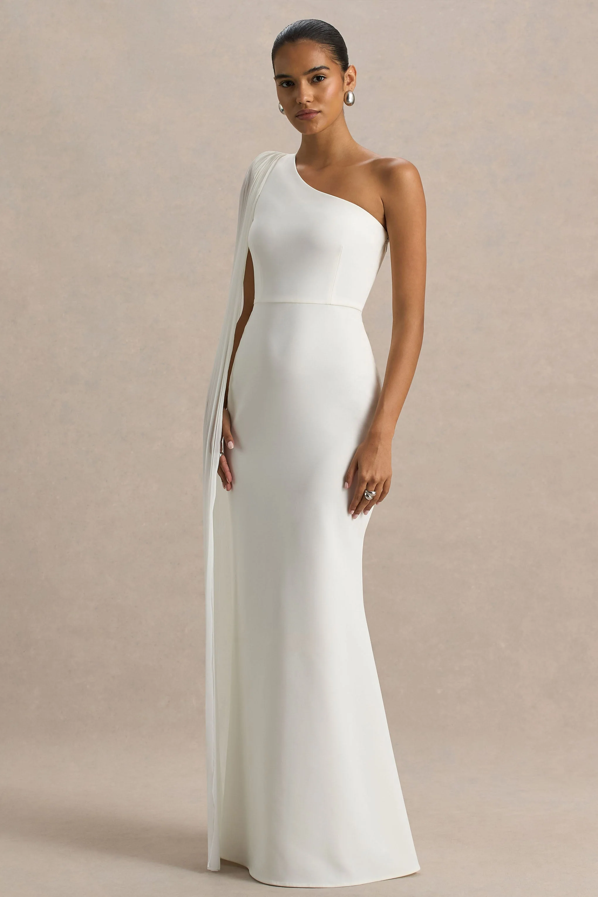 Athens | White Asymmetric-Neck Maxi Dress With Cape Sleeve Detail