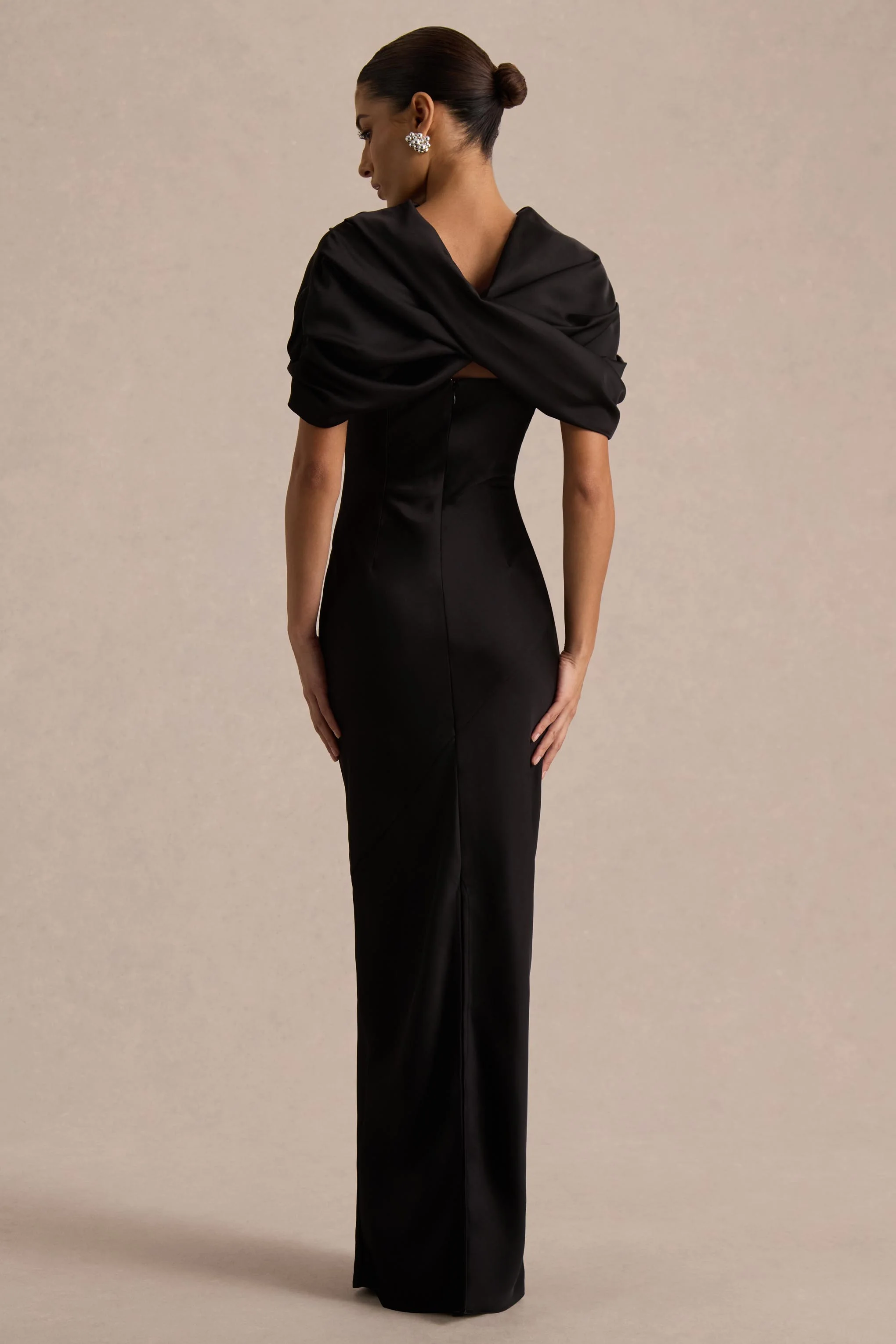 Yoli | Black Satin Maxi Dress With Removable Twist-Cape