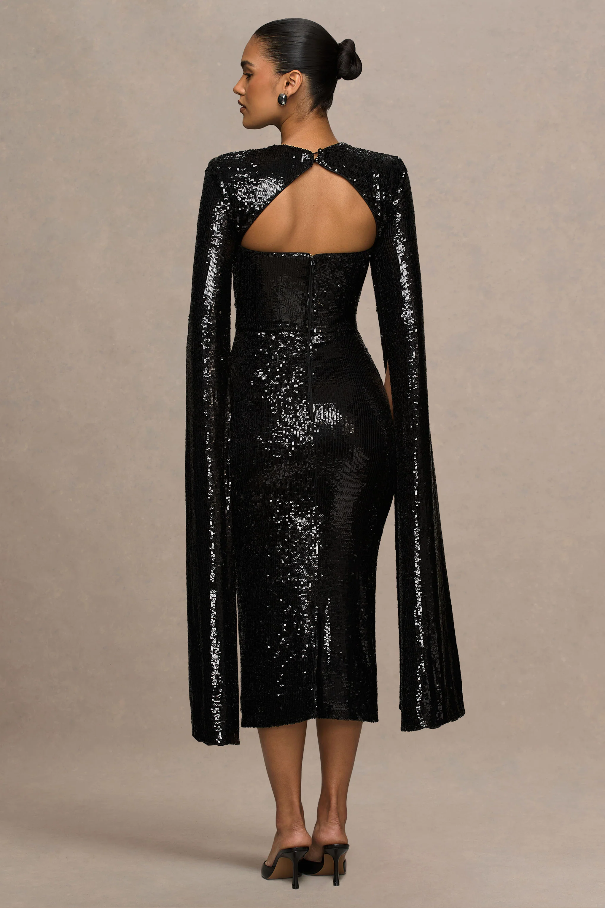 Adeline | Black Sequin Crew-Neck Midi Dress With Cape Sleeves