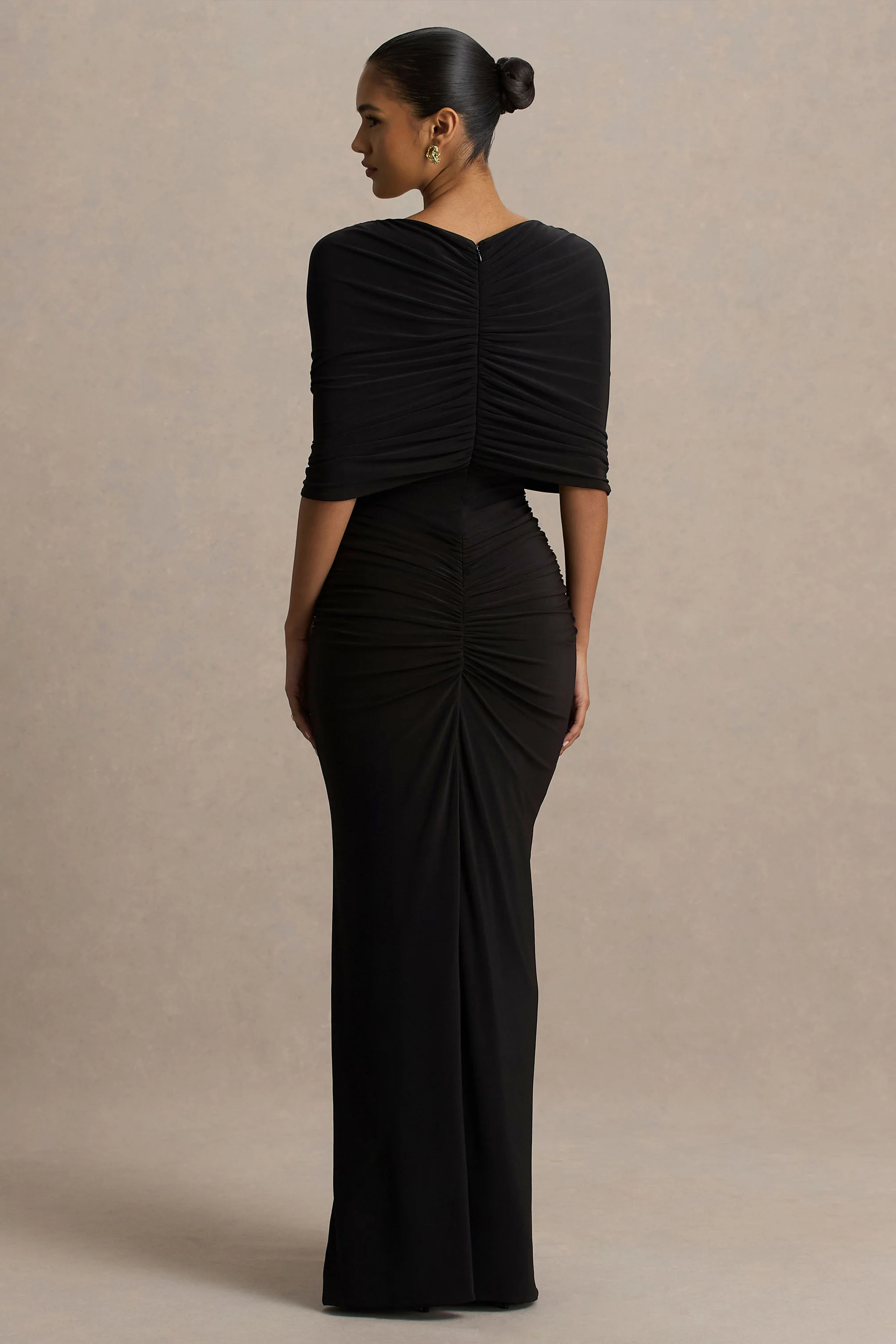 Zinnie | Black Cape-Sleeve Maxi Dress With Mesh Panel