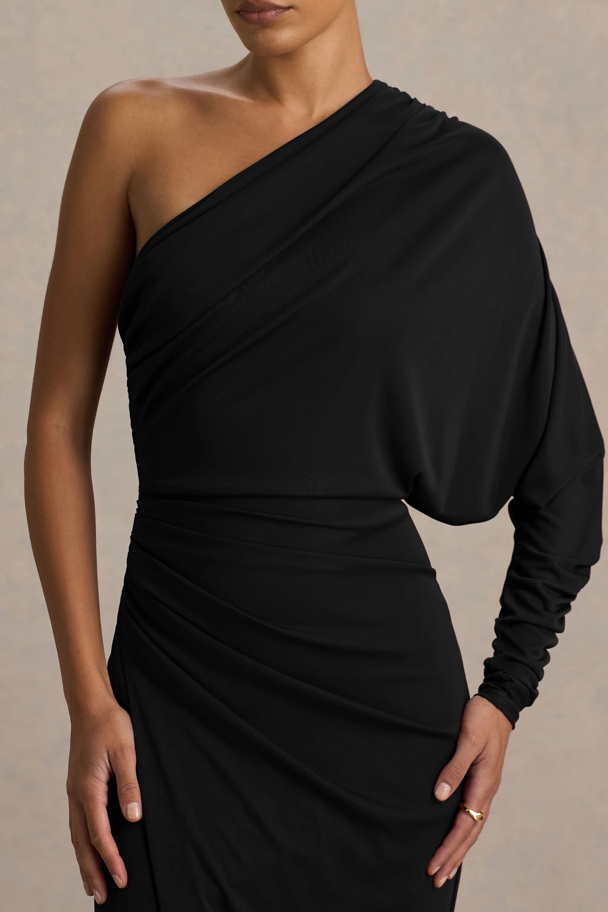 Lola | Black Asymmetric-Neck Maxi Dress With Ruched Detailing And Front High-Split