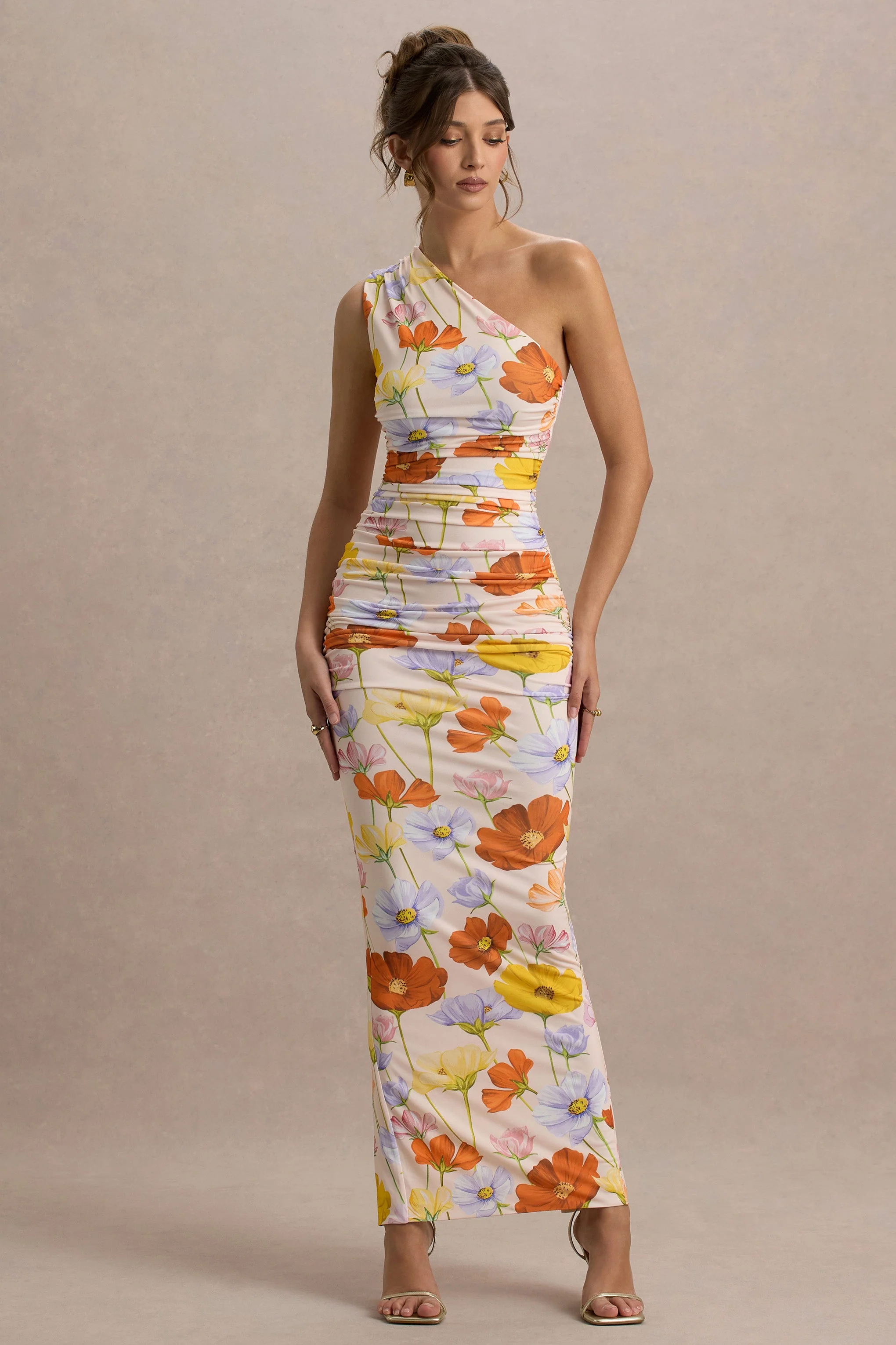 Dalarie | Bright Floral Print One-Shoulder Gathered Maxi Dress