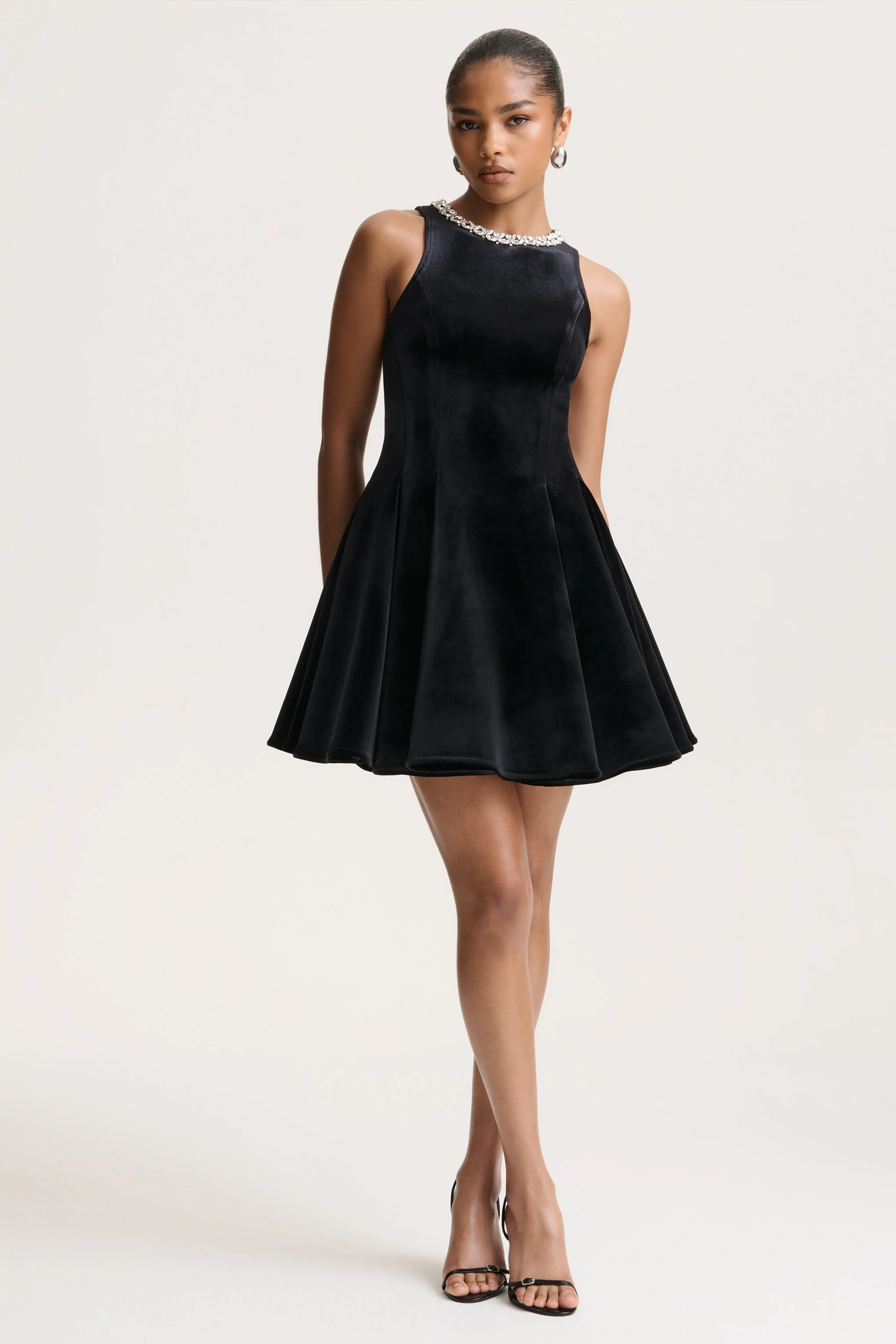 Meva | Black Velvet Hand-Embellished High-Neck Mini Dress