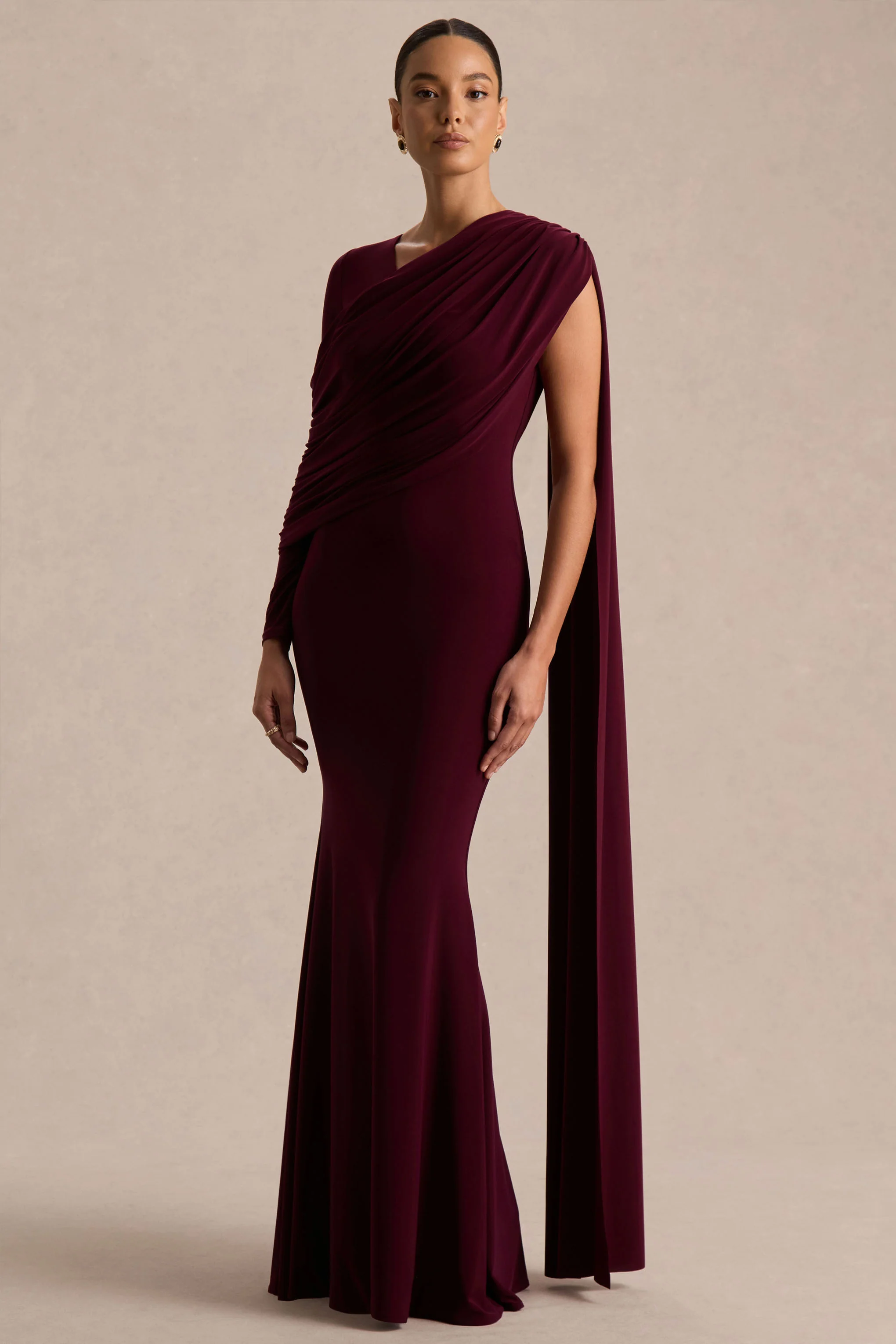 Rubelle | Burgundy Asymmetric Neck Maxi Dress With Draped Detailing
