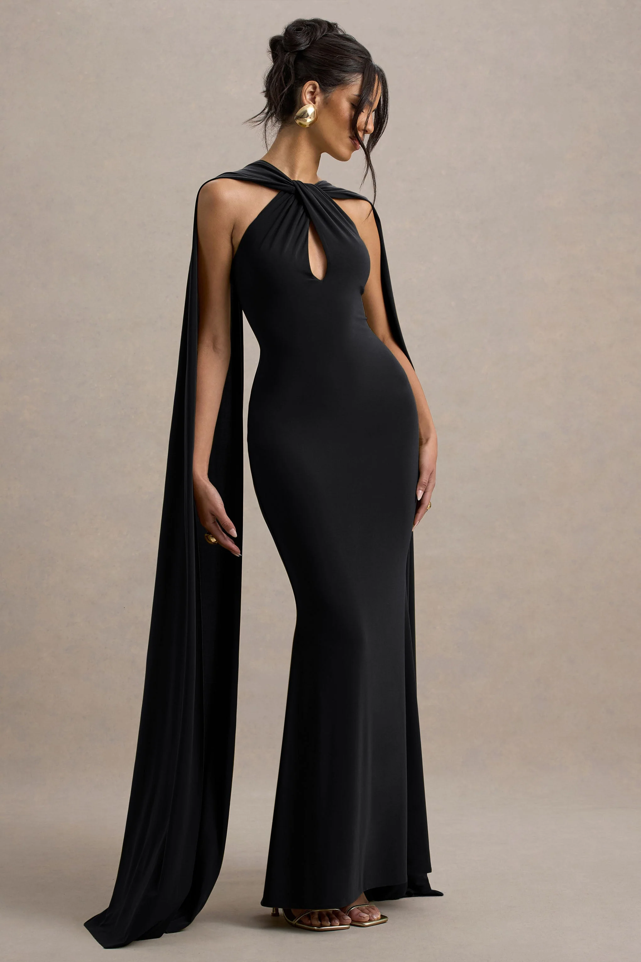 Rhoda | Black Twist Halter-Neck Cape Maxi Dress