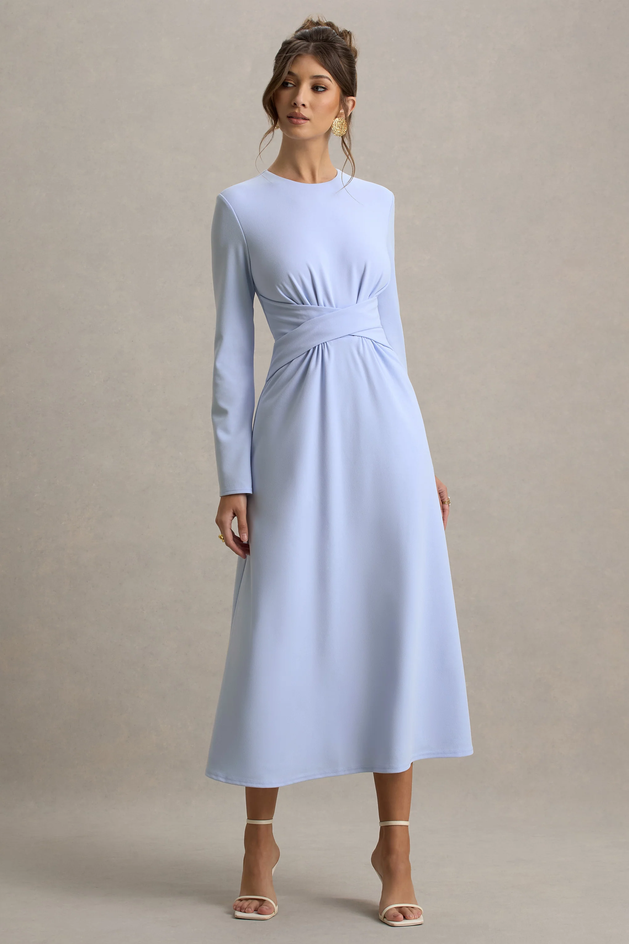 Cassiopeia | Light Blue Long-Sleeve Midi Dress With Cross Waist