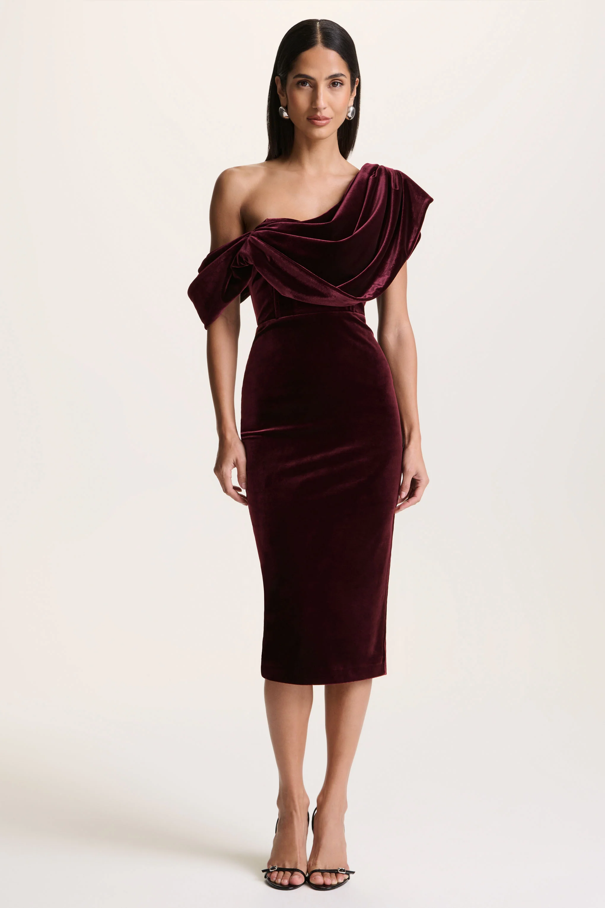 High End | Burgundy Velvet Asymmetric-Neck Midi Dress With Draped Detailing