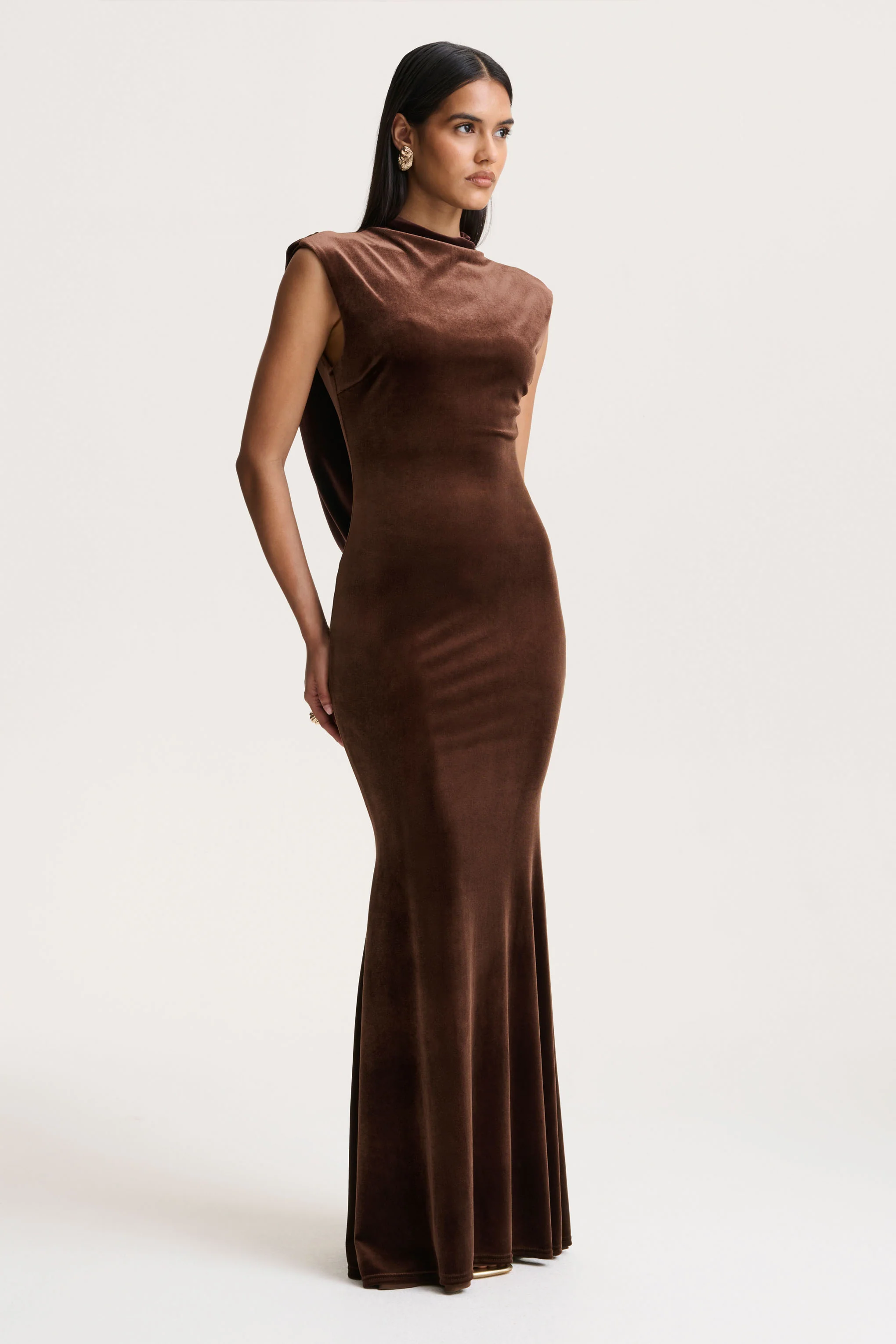 Malora | Brown Velvet High-Neck Maxi Dress With Open-Back