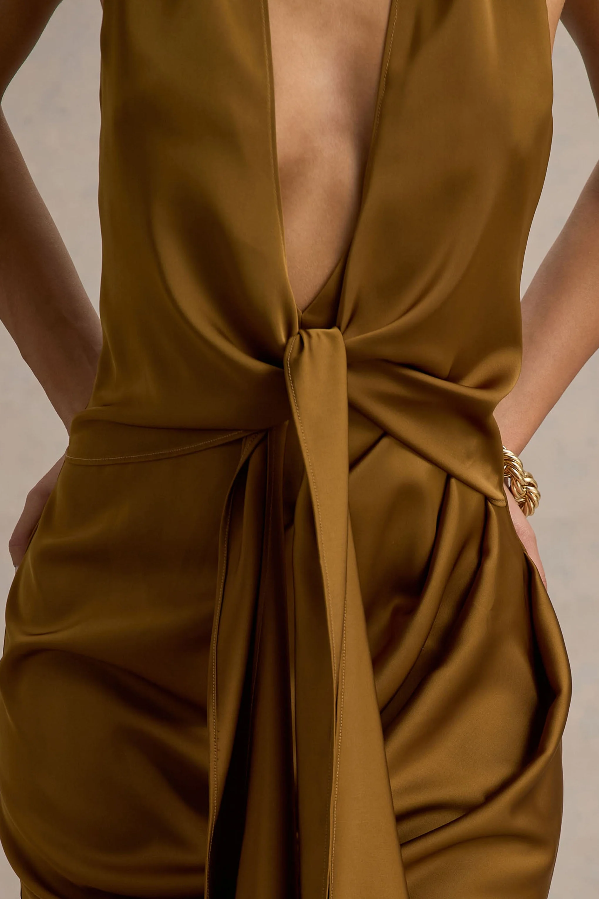 Lynette | Olive Satin Plunge-Neck Maxi Dress With Asymmetric Hem