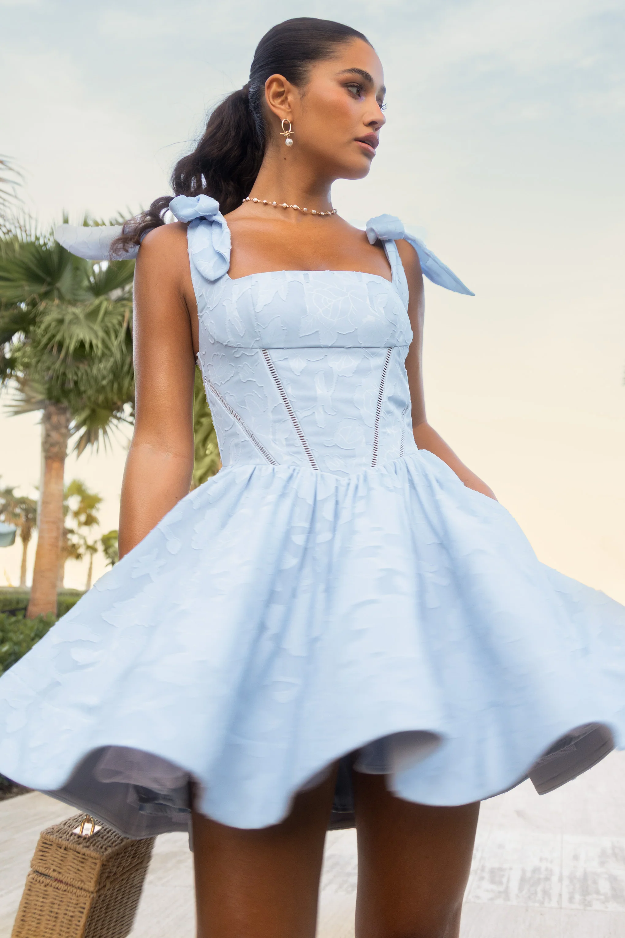 Bethani | Light Blue Skater Mini Dress With Bow Straps