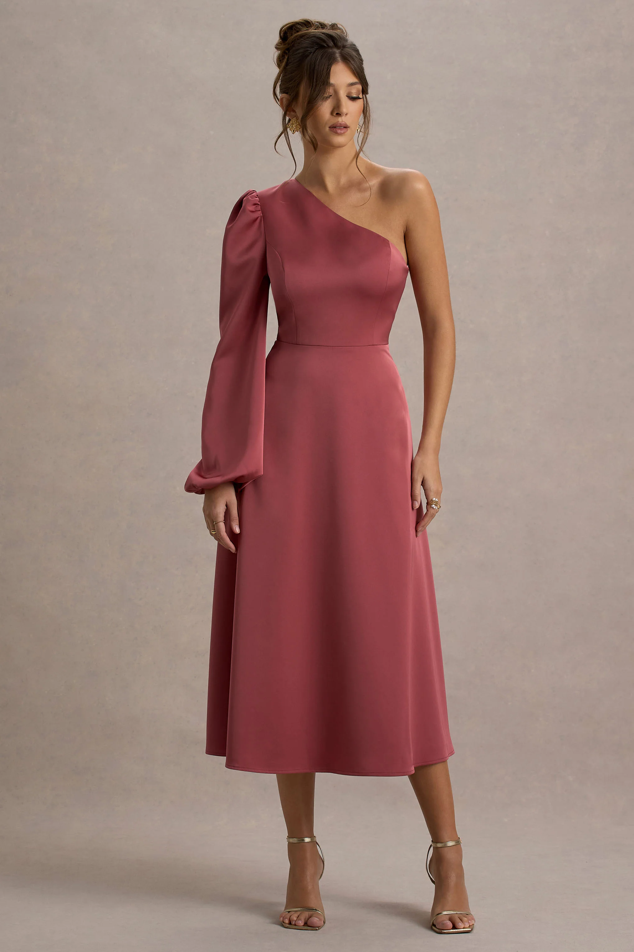 Haila | Rose Pink Satin One-Shoulder Midi Dress