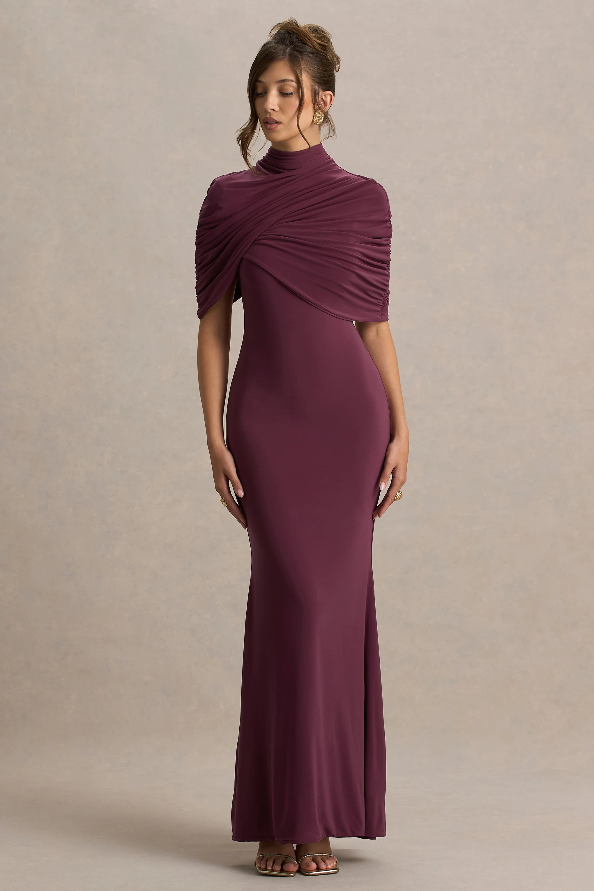 Cleora | Burgundy Twist Cape Maxi Dress