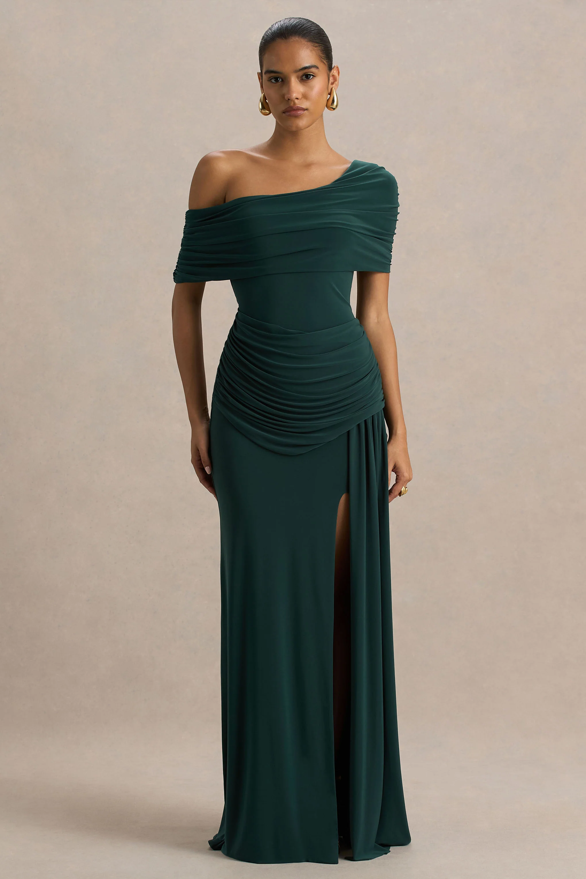 Dynasty | Dark Green Asymmetric-Neck Maxi Dress With Ruched Detailing And Front High-Split
