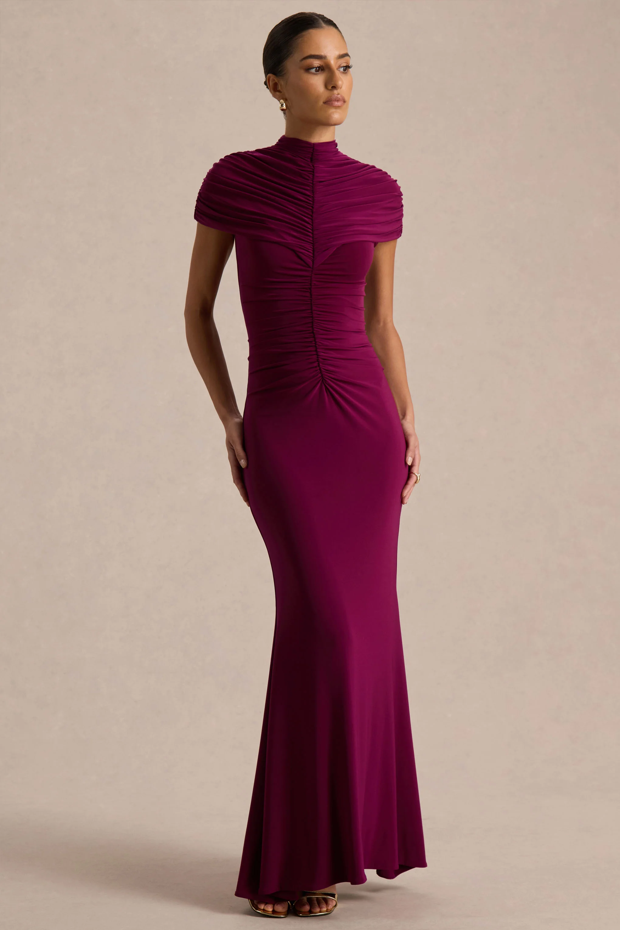 Azaria | Burgundy High-Neck Maxi Dress With Ruched Detailing
