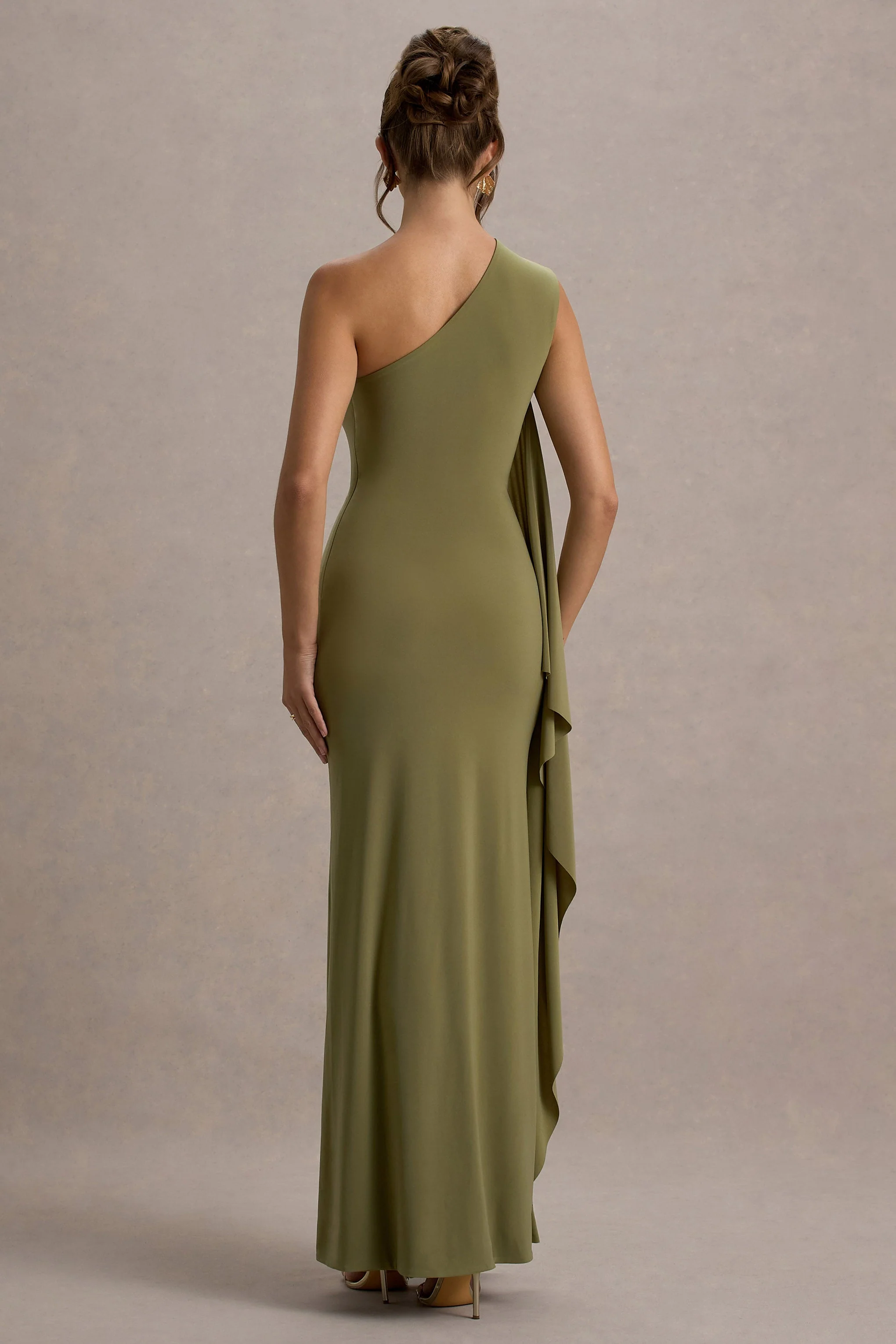 Adelina | Olive One-Shoulder Maxi Dress With Drape