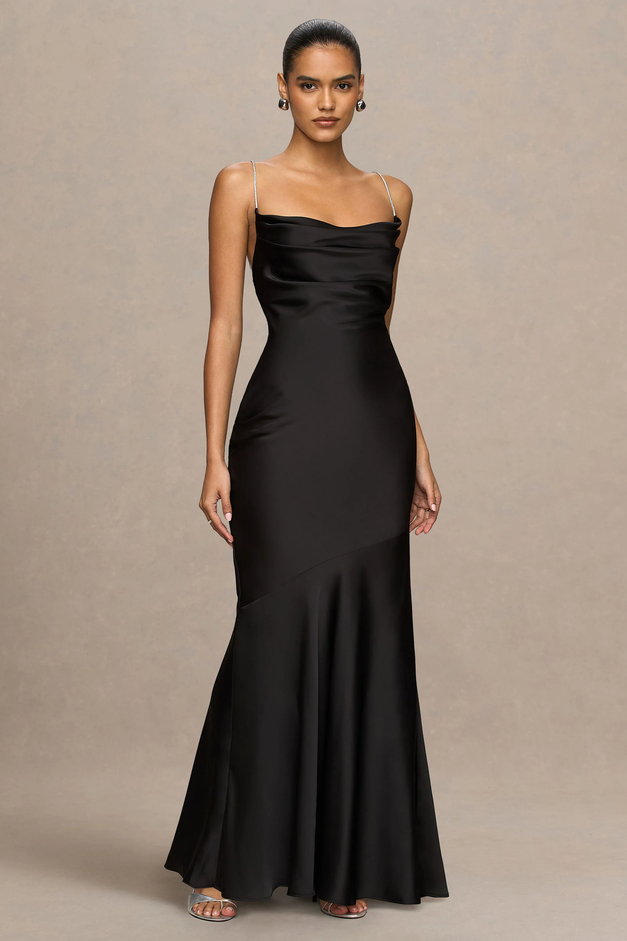 Maelia | Black Satin Cowl-Neck Maxi Dress With Diamante Straps